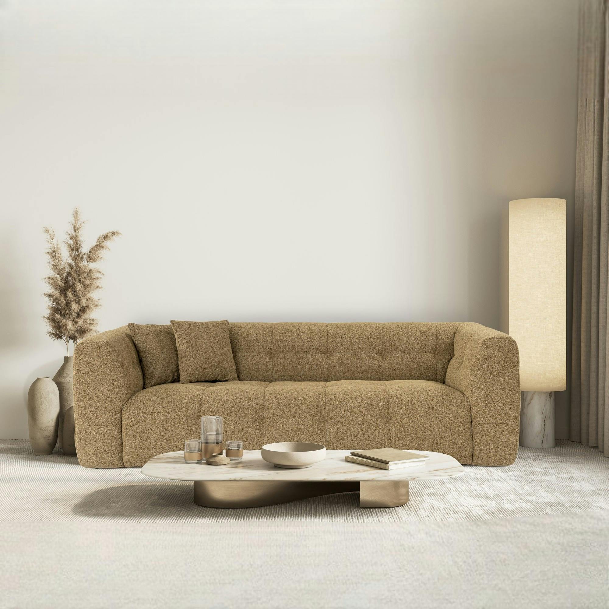 Canapé 3 places capitonné kaki, coussins assortis RAVELLO