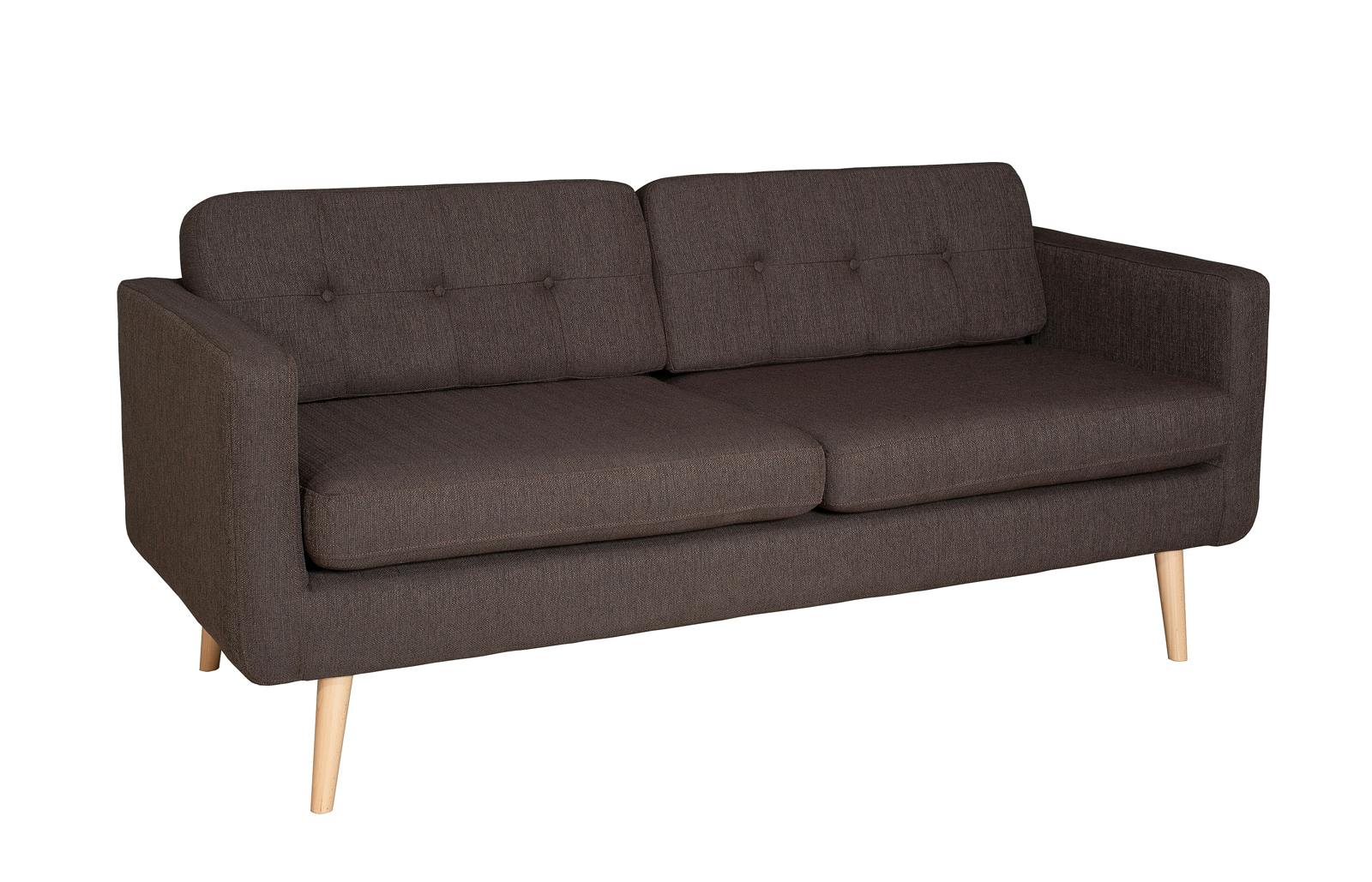 Canapé 3 places Capitonné tissu marron chiné et pieds en Hêtre naturel 185x85x84cm PABLO