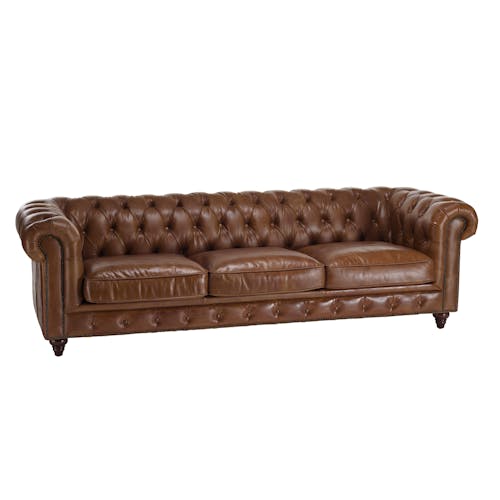 Canapé 3 places Chesterfield cuir brun 2 roulettes PRESTON