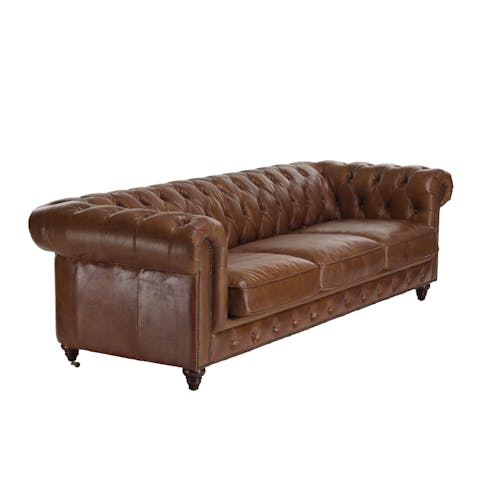 Canapé 3 places Chesterfield cuir brun 2 roulettes PRESTON