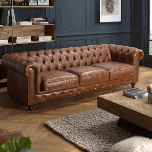 Canapé 3 places Chesterfield cuir brun 2 roulettes PRESTON