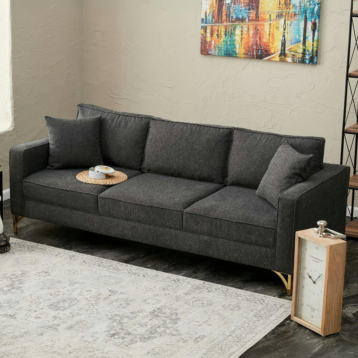 Canapé 3 places gris foncé pieds dorés 220 cm BERLIN