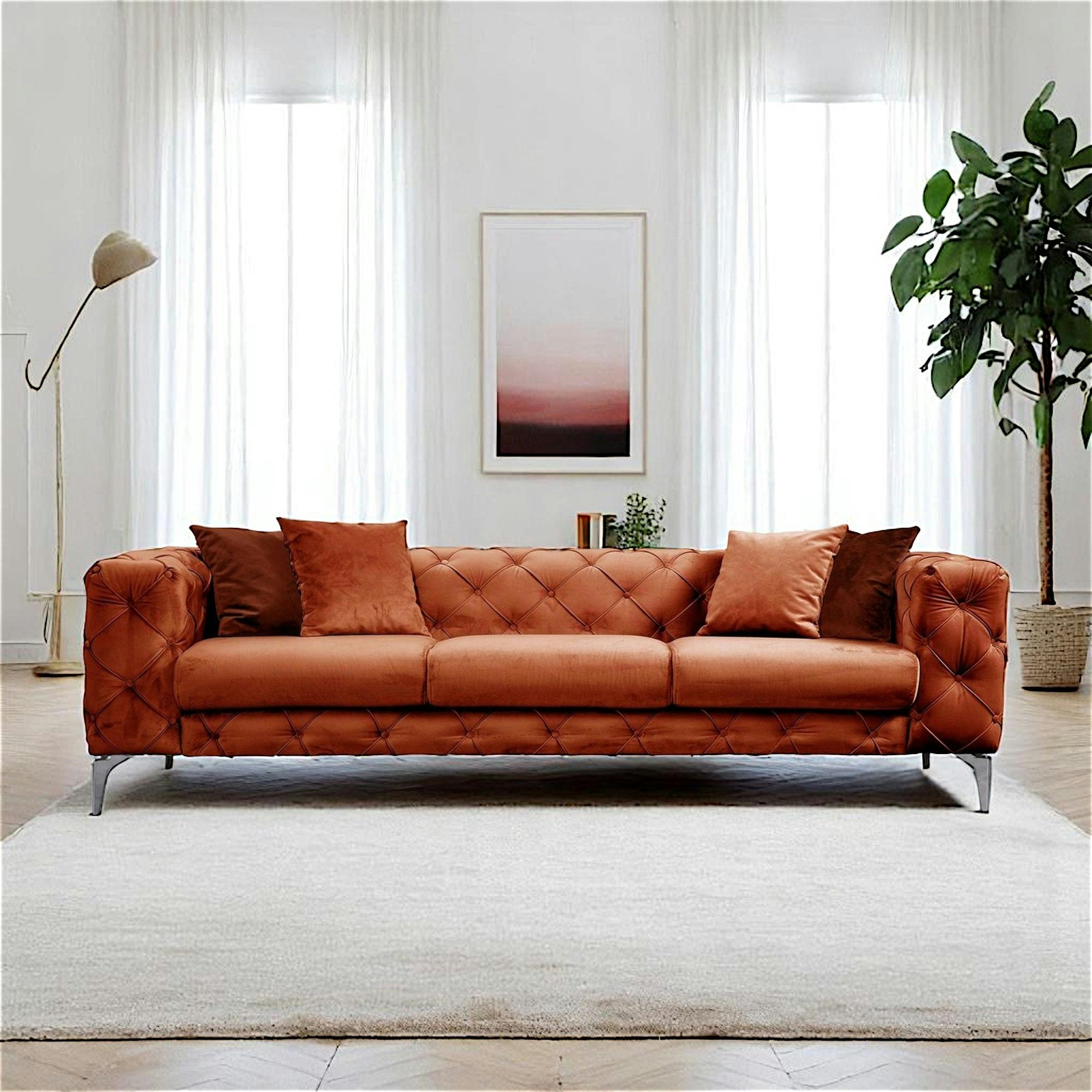 Canapé 3 places rouille en velours capitonné DOVER