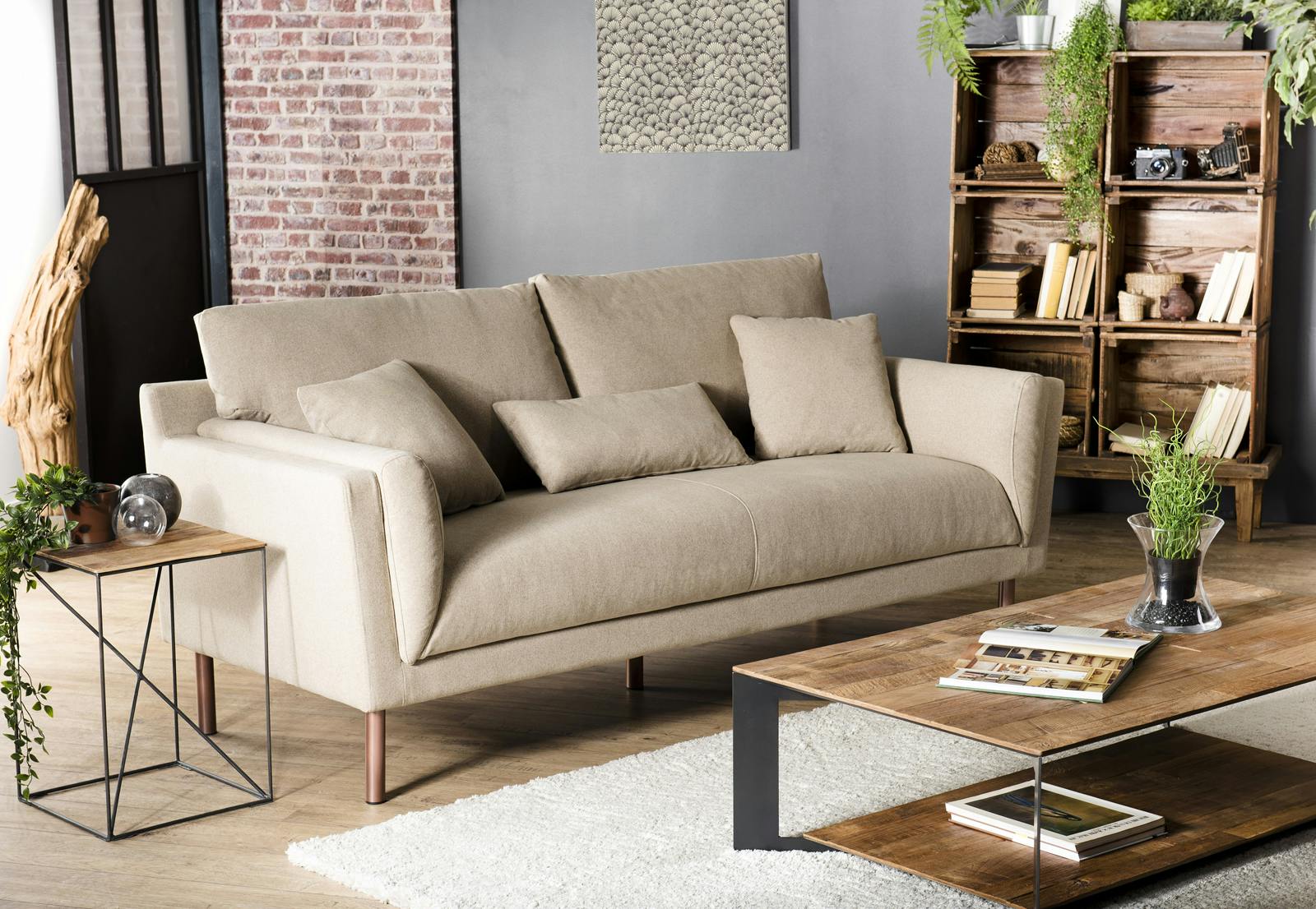 Canapé 3 places tissu écru beige TIM