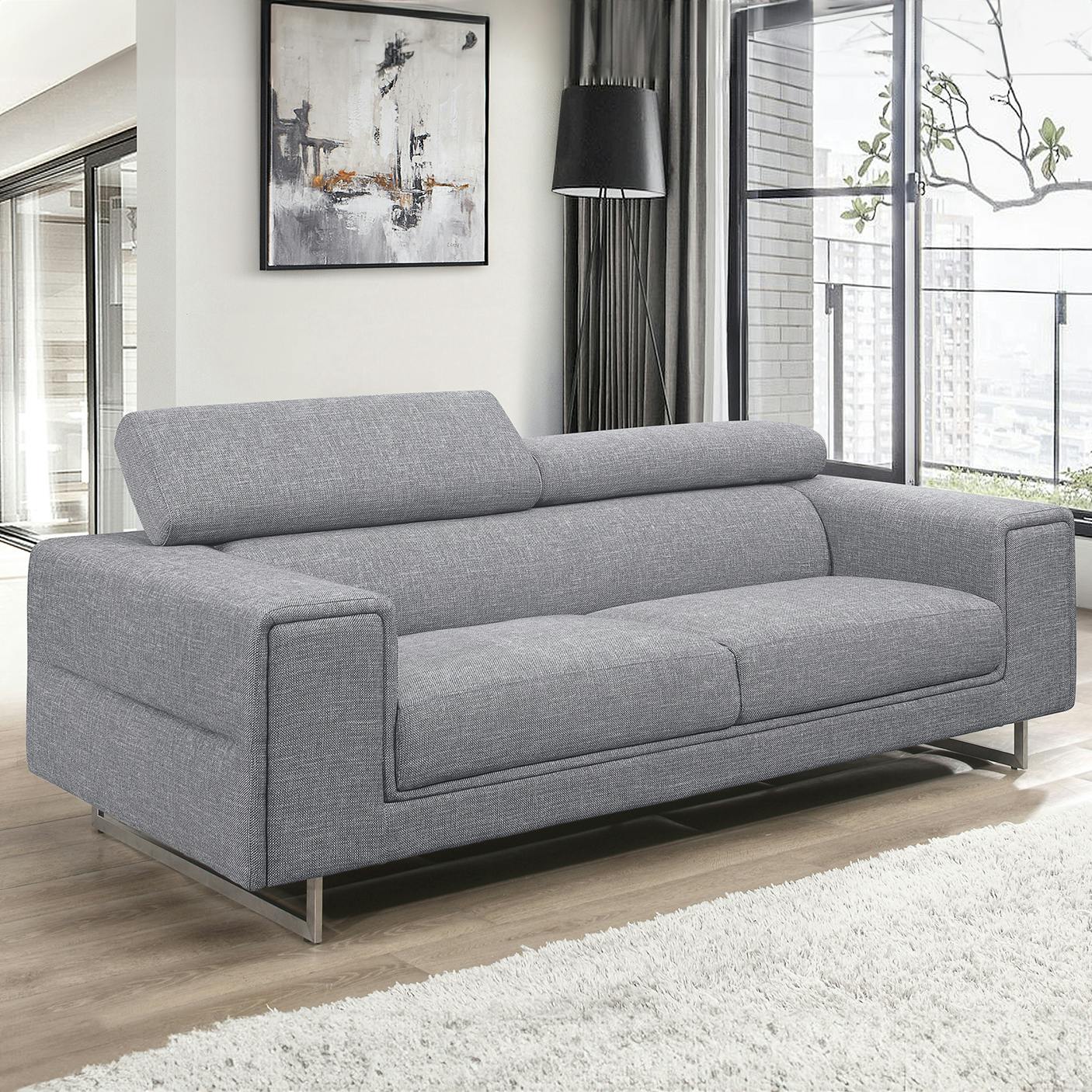 Canapé 3 places tissu gris appuis-tête réglable