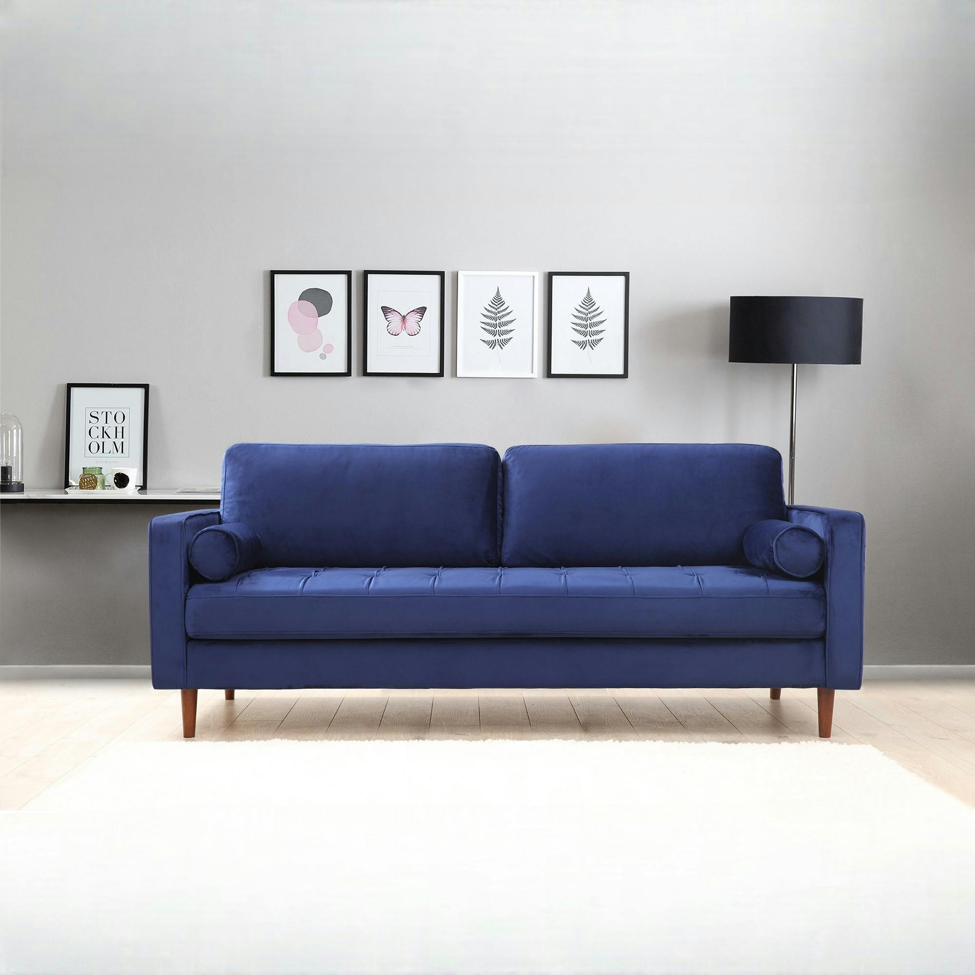 Canapé 3 places velours bleu avec coussins polochons CHIBA