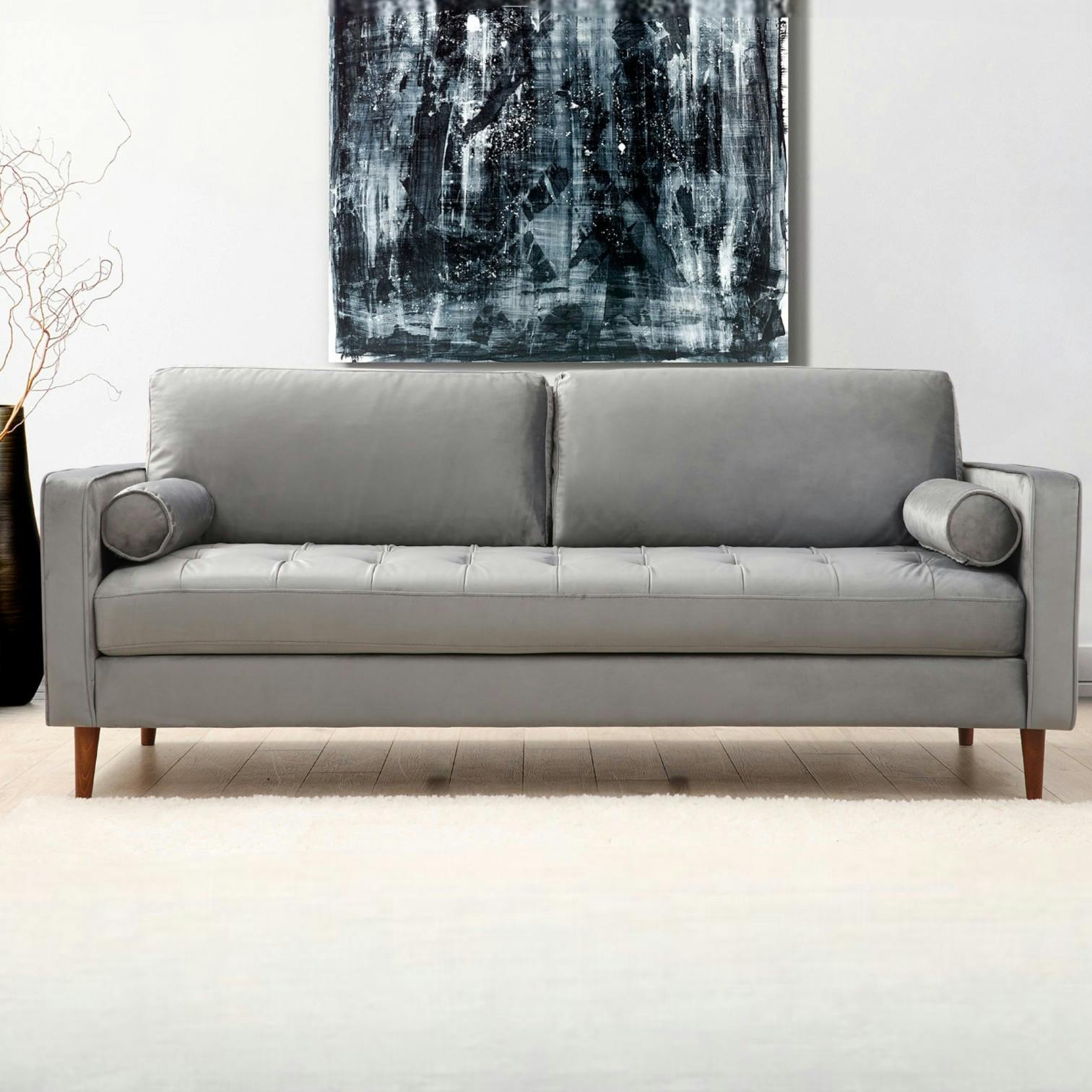 Canapé 3 places velours gris clair avec coussins polochons CHIBA