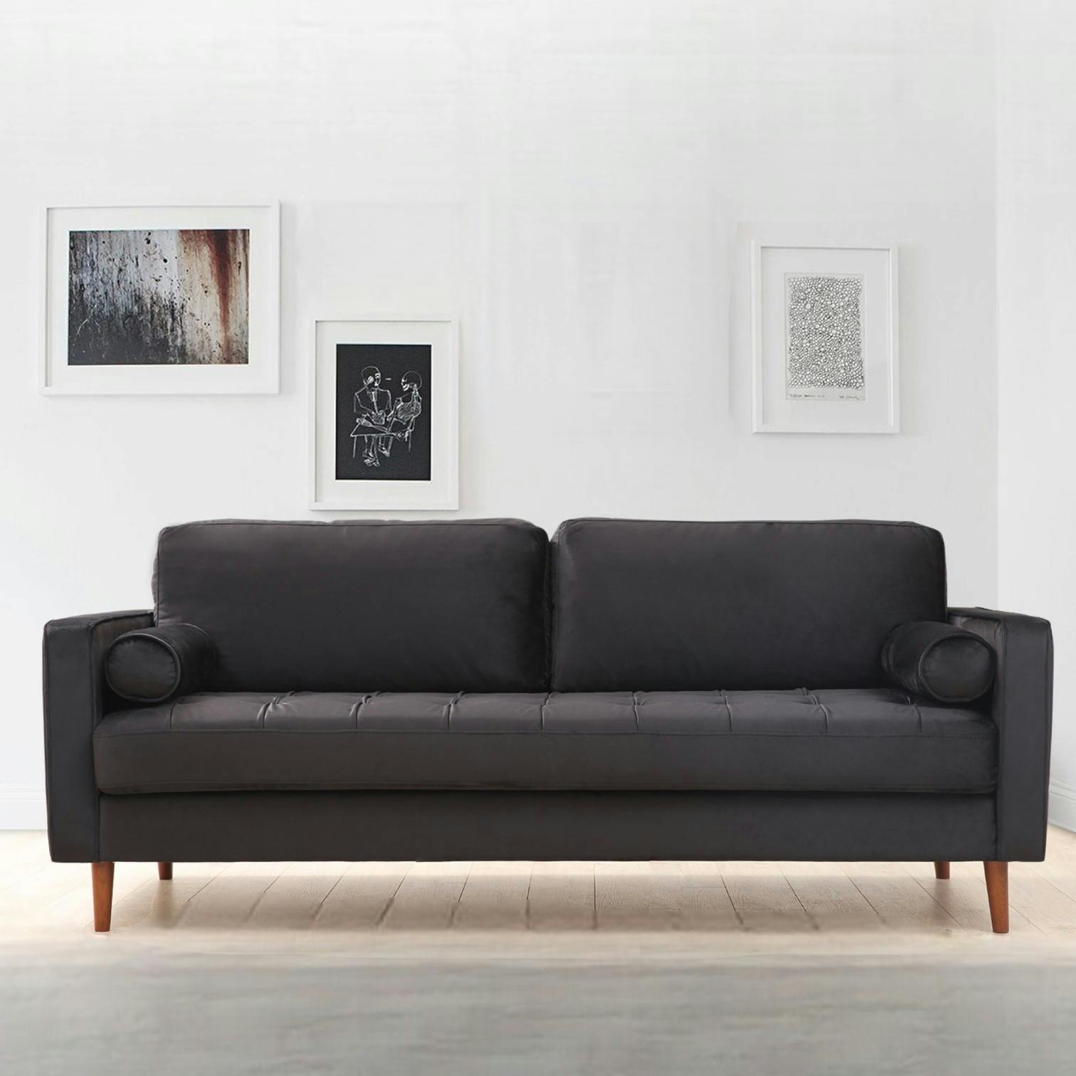 Canapé 3 places velours noir avec coussins polochons CHIBA