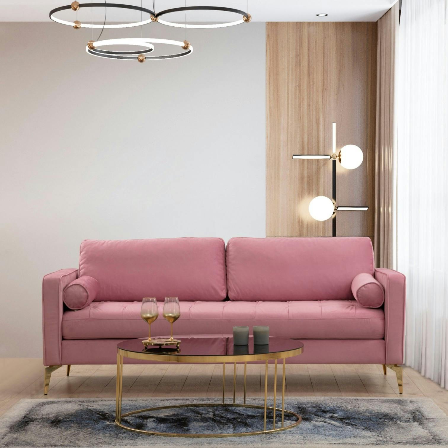 Canapé 3 places velours rose avec coussins polochons CHIBA