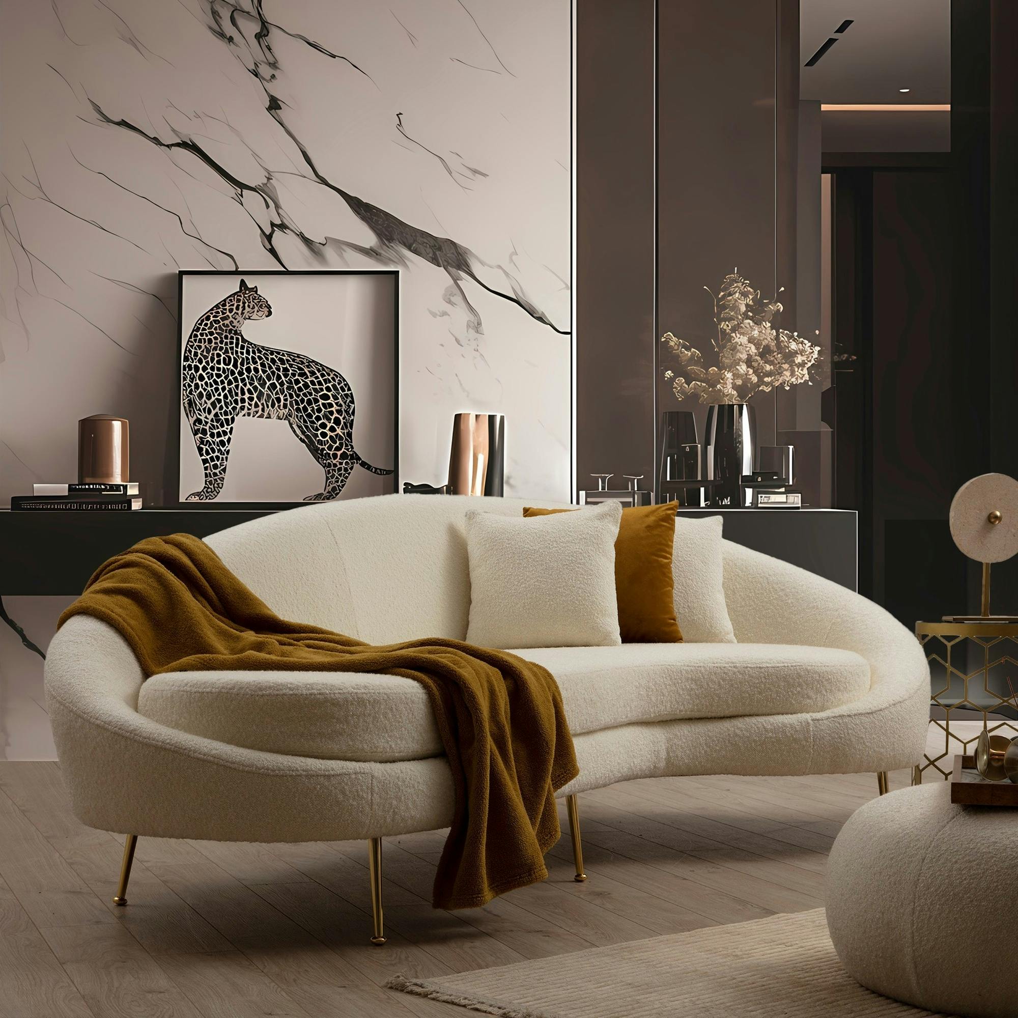 Canapé 4 places forme arrondie - écru, pieds dorés LUCCA