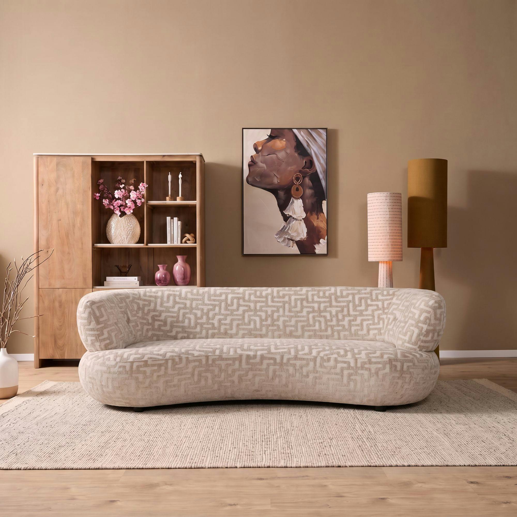 Canapé arrondi 3 places beige à motif art déco RIVOLI
