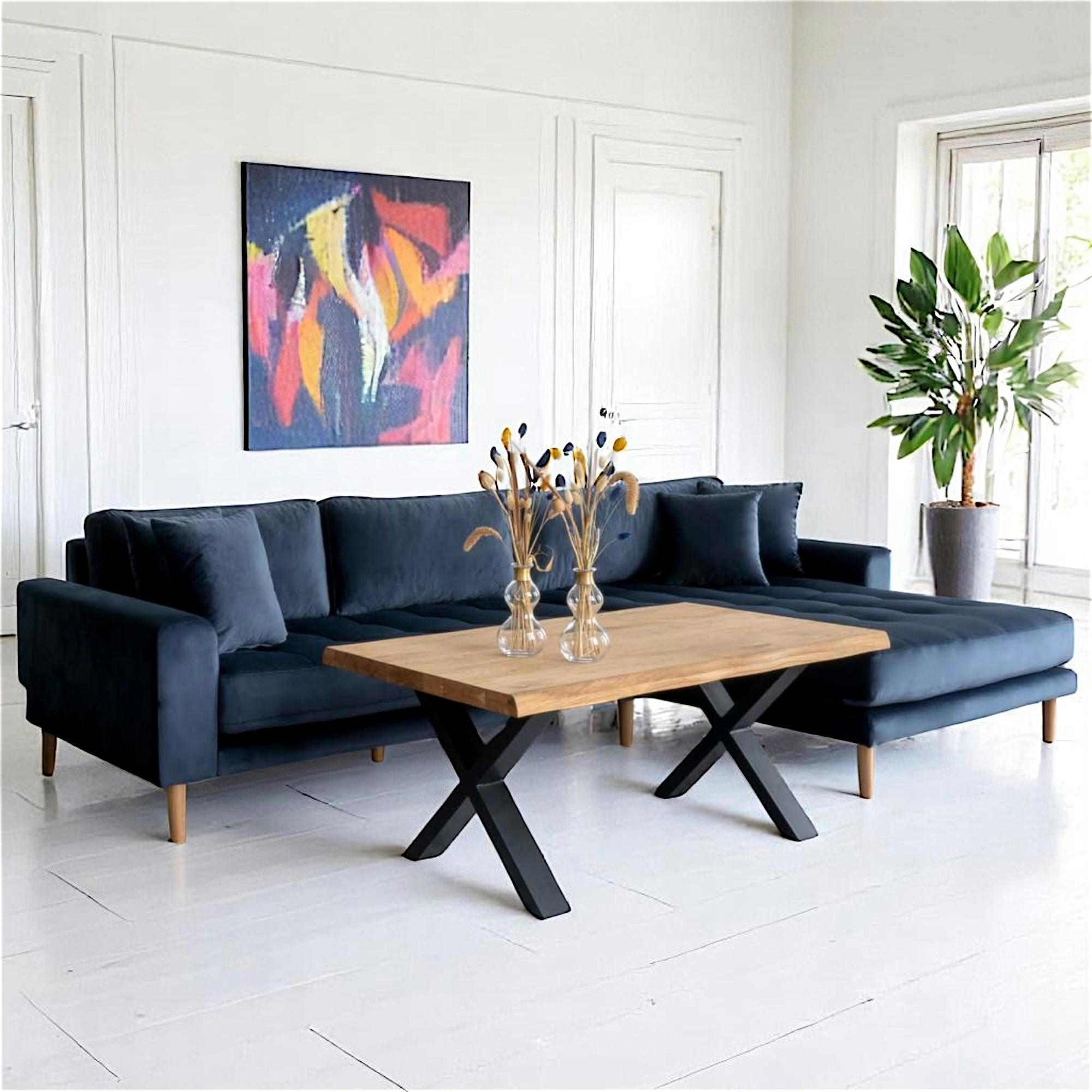 Canapé d’angle bleu nuit - velours, côté droit, AMSTERDAM