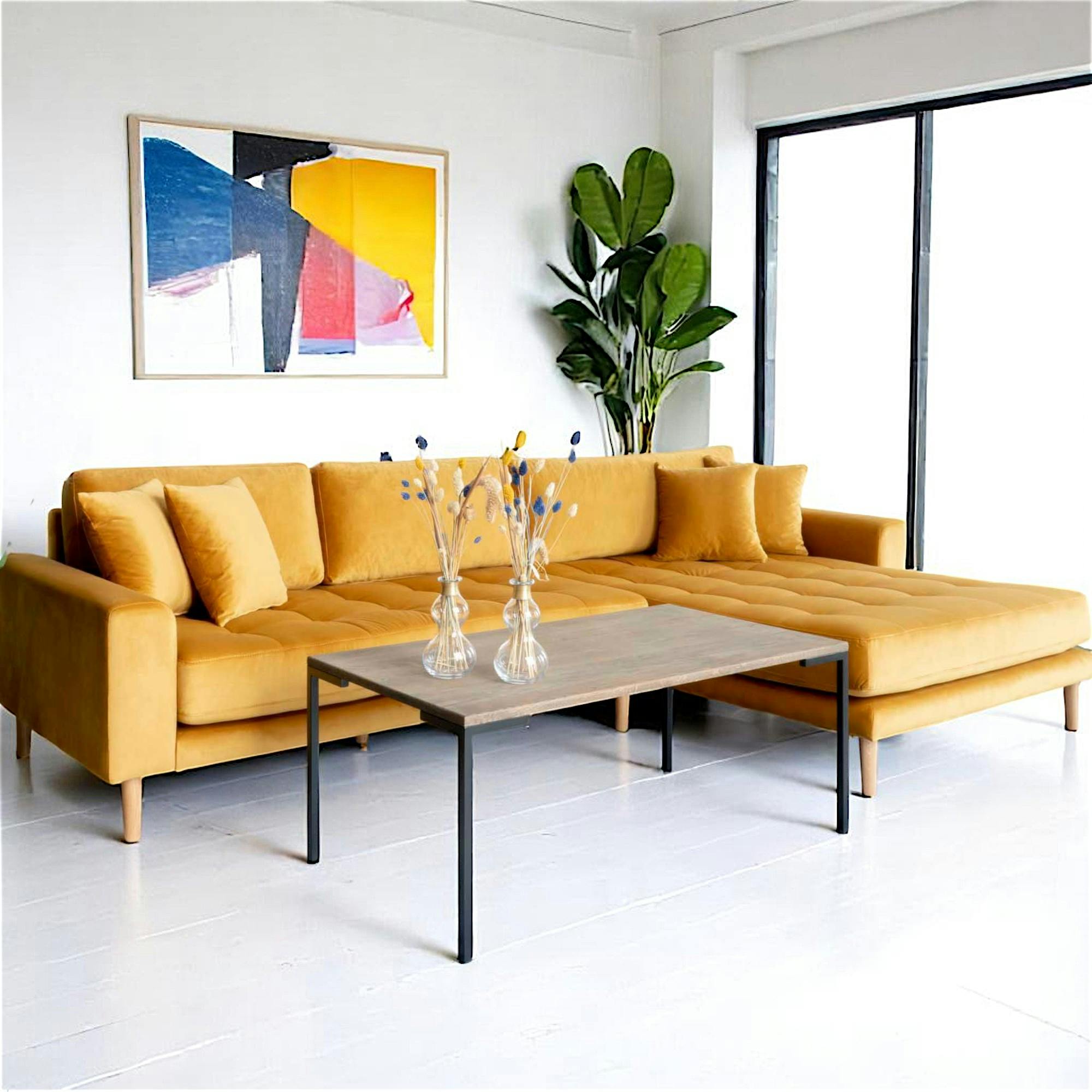 Canapé d'angle moutarde en velours - côté droit, AMSTERDAM