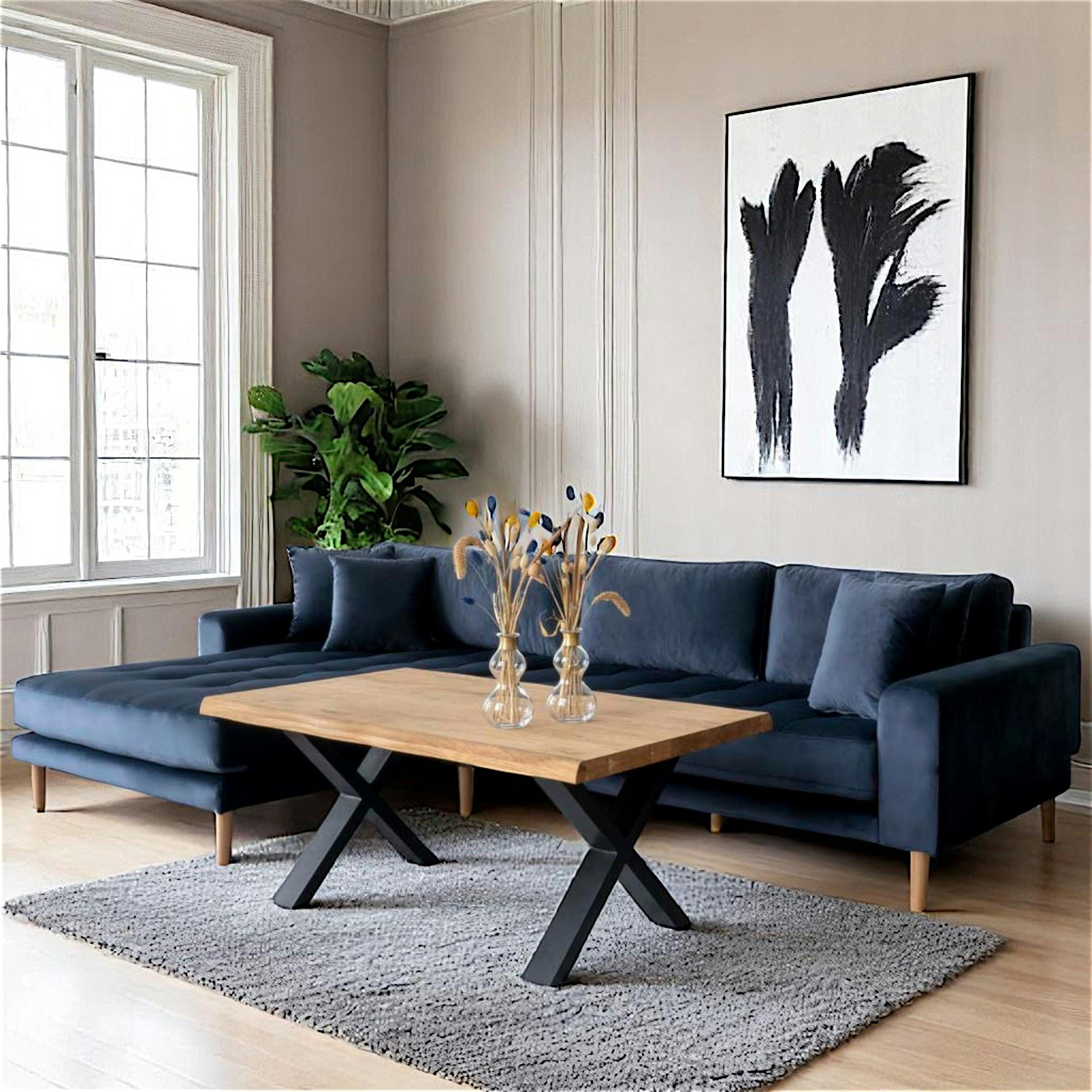 Canapé d'angle bleu nuit - velours, côté gauche, AMSTERDAM