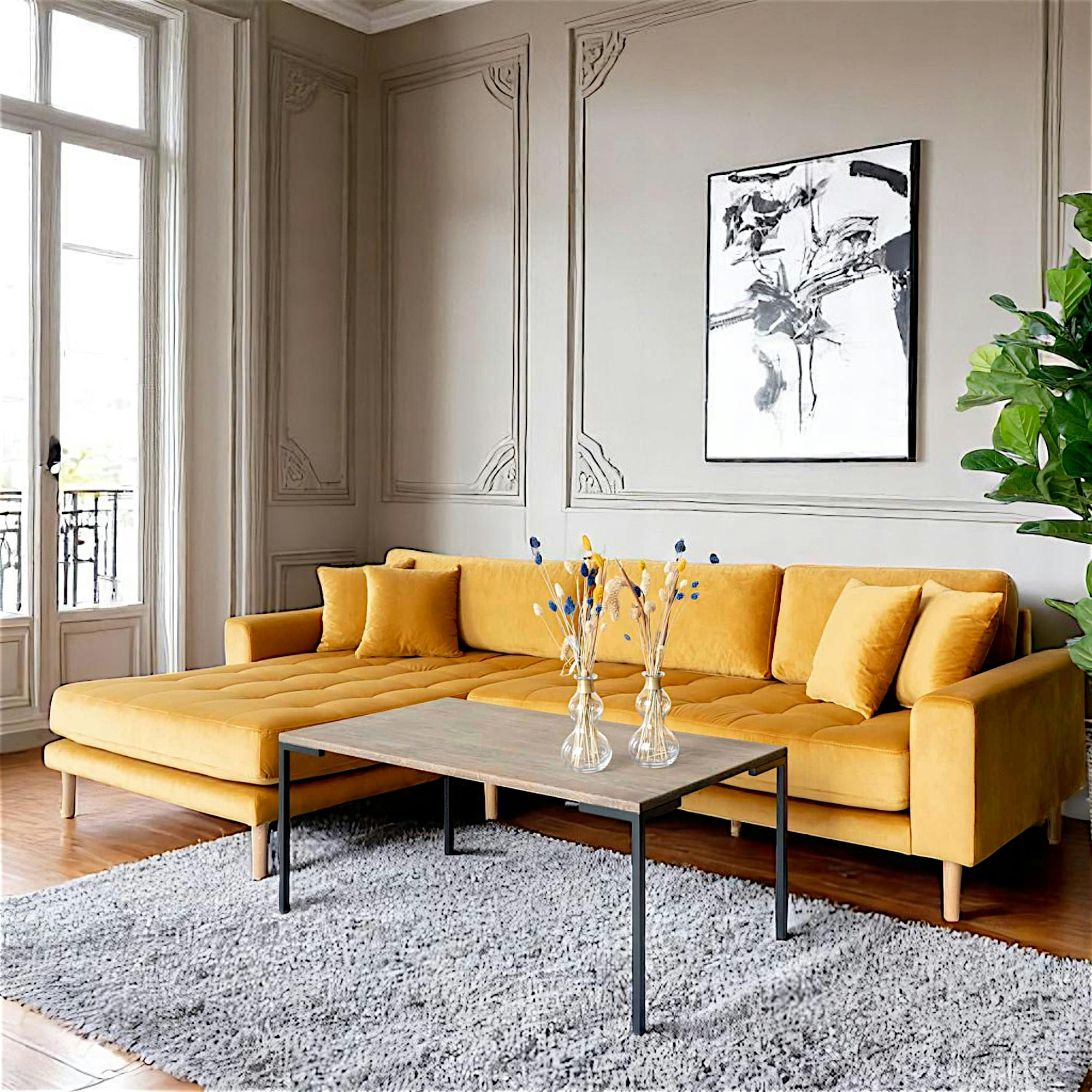 Canapé d'angle moutarde en velours - côté gauche, AMSTERDAM