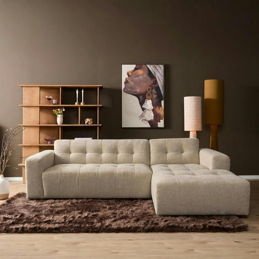 Canapé beige avec méridienne effet matelassé (côté droit) RIVOLI
