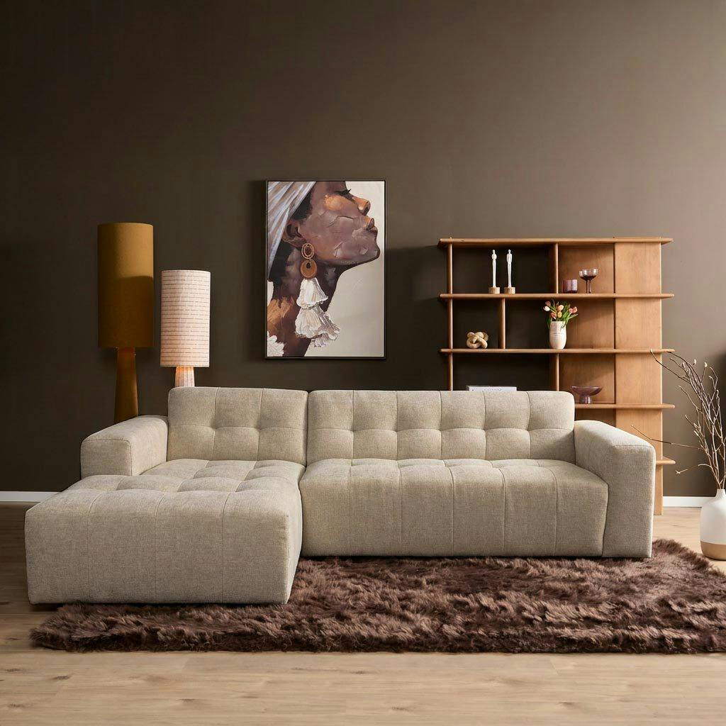 Canapé beige avec méridienne effet matelassé (côté gauche) RIVOLI