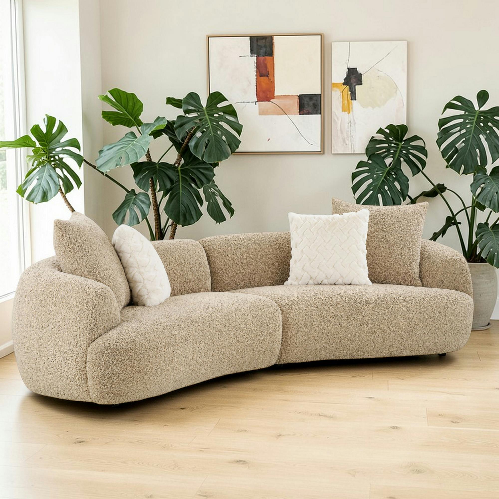 Canapé bouclette beige 3 places 4 coussins assortis NAMSOS