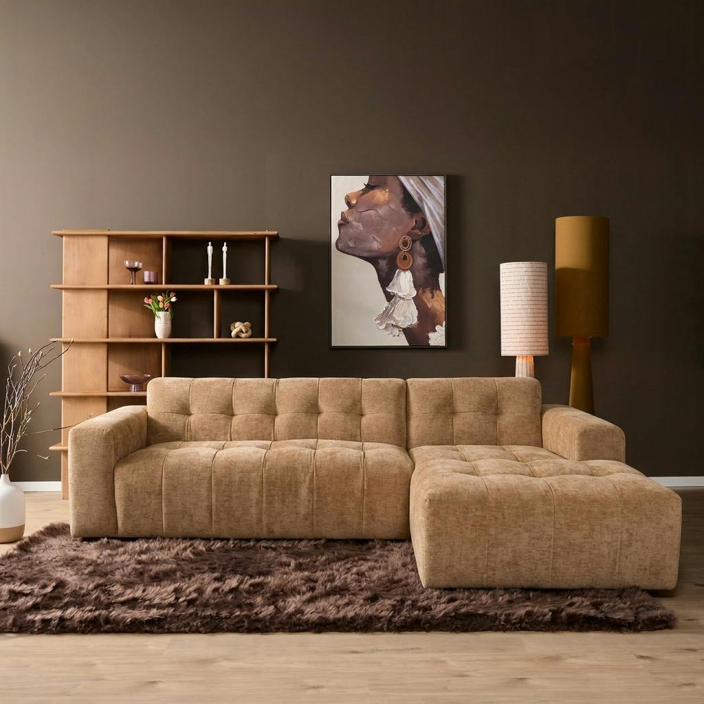Canapé camel avec méridienne effet matelassé (côté droit) RIVOLI