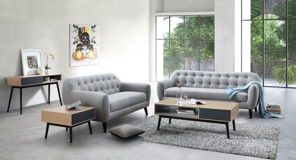 Canapé Capitonné 3 places tapissier tissu gris clair boutons gris foncés 206x83x91cm STRADA