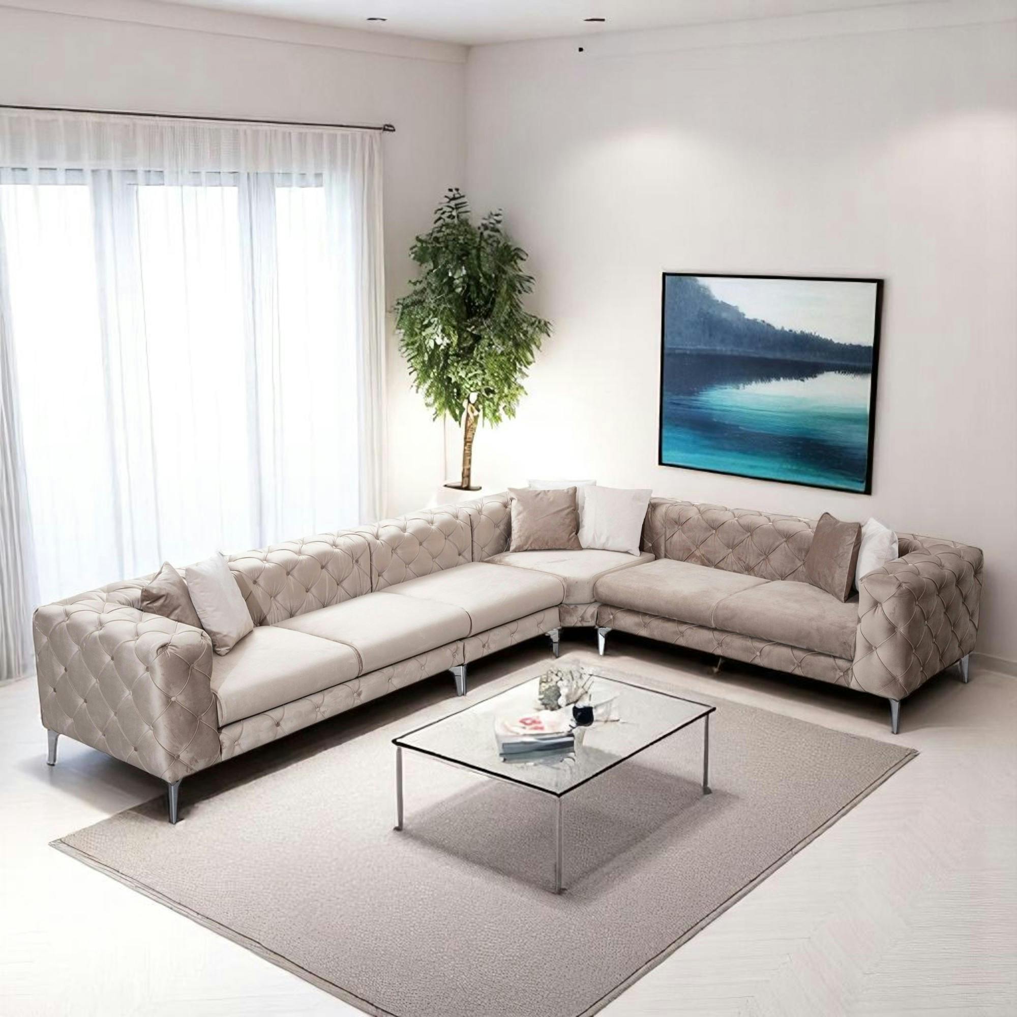 Canapé d'angle beige en velours capitonné - côté droit DOVER