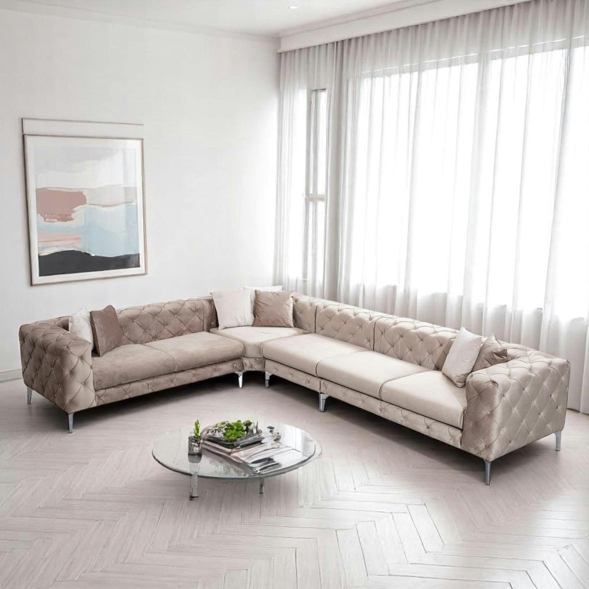 Canapé d'angle beige en velours capitonné - côté gauche DOVER