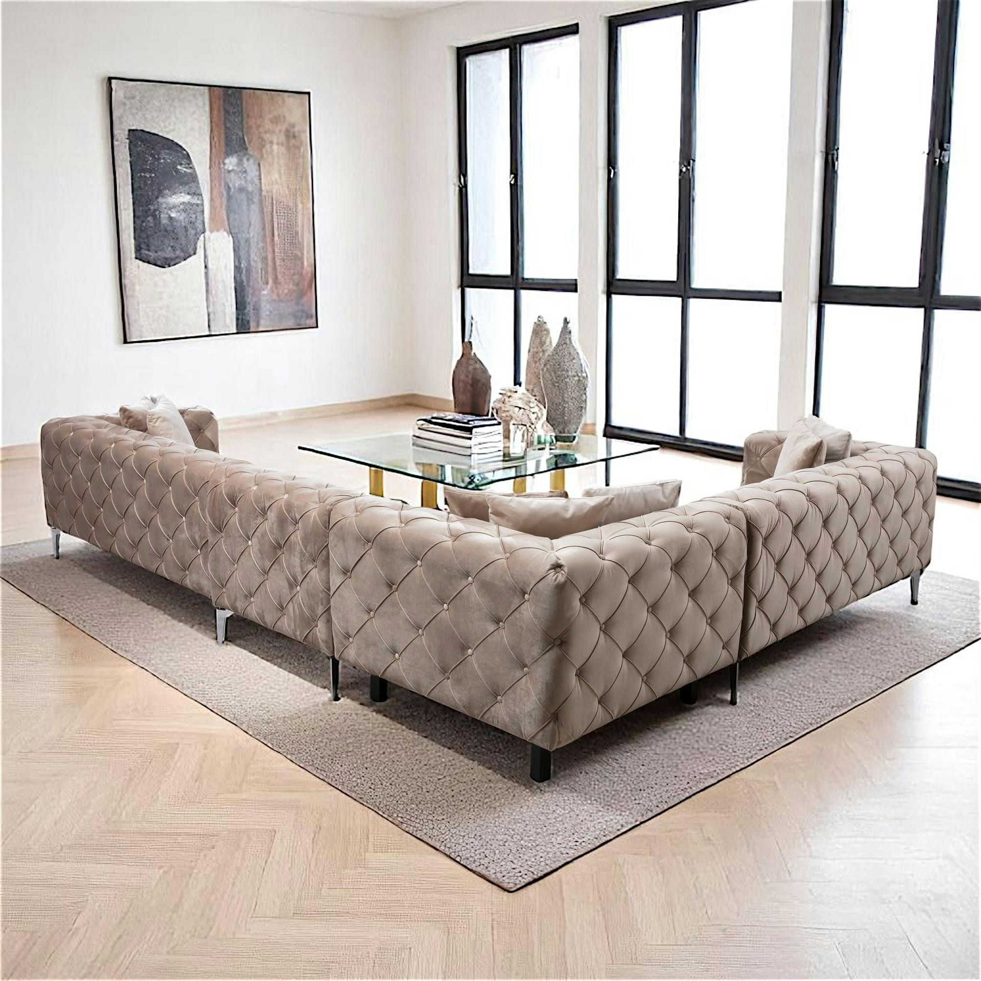 Canapé d'angle beige en velours capitonné - côté gauche DOVER