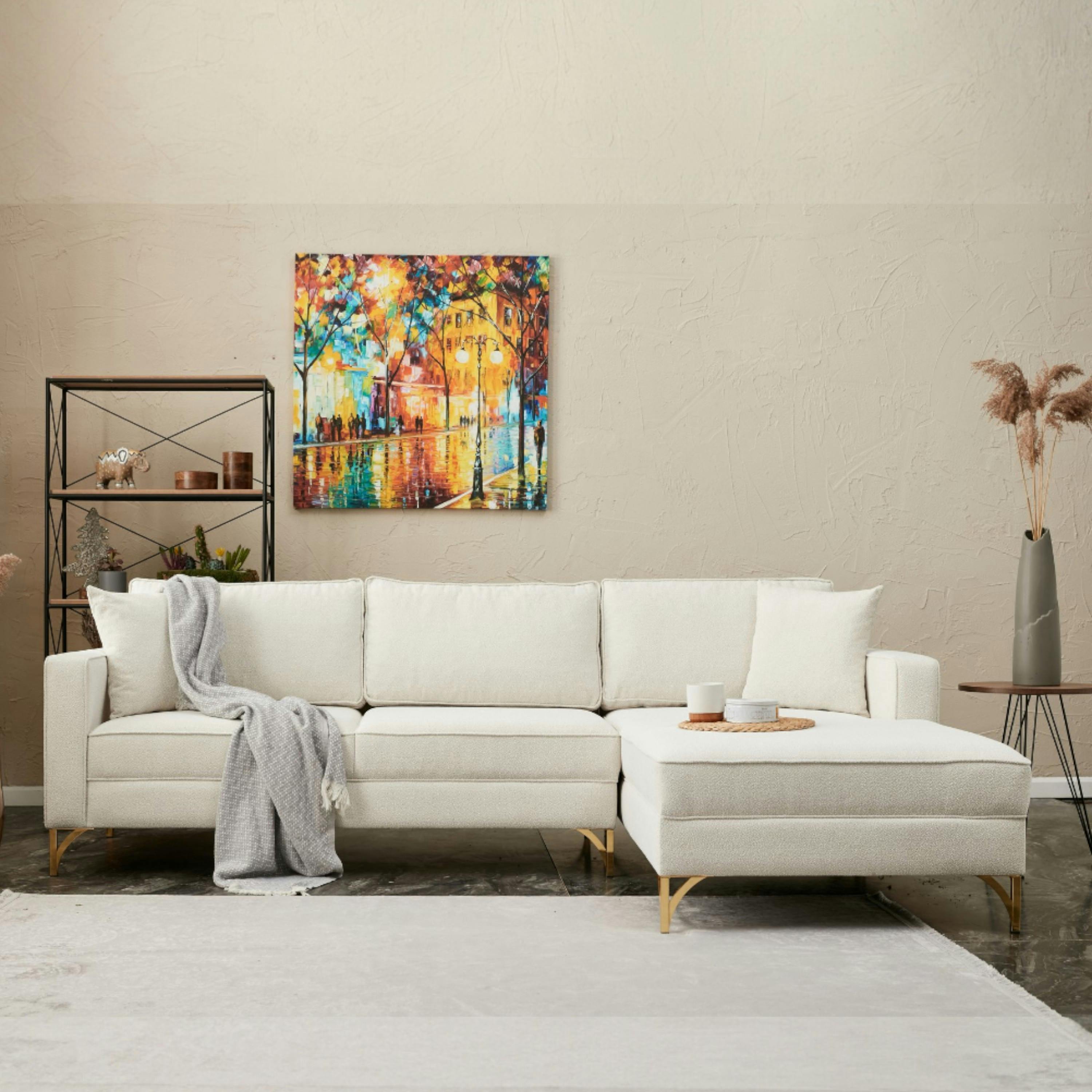 Canapé d'angle blanc crème, pieds dorés (côté droit) NEOLIA