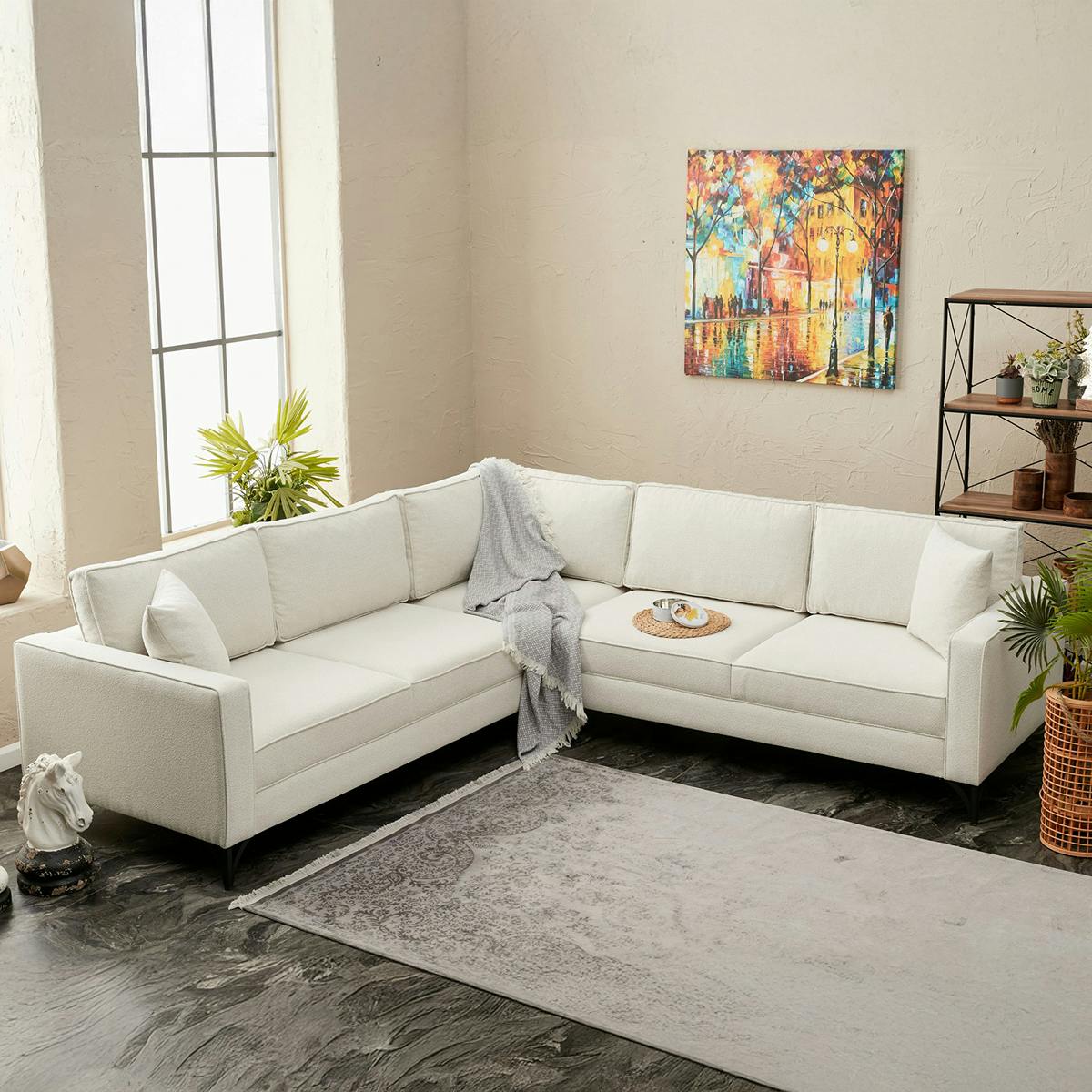 Canapé d'angle blanc crème, pieds métal noir BERLIN