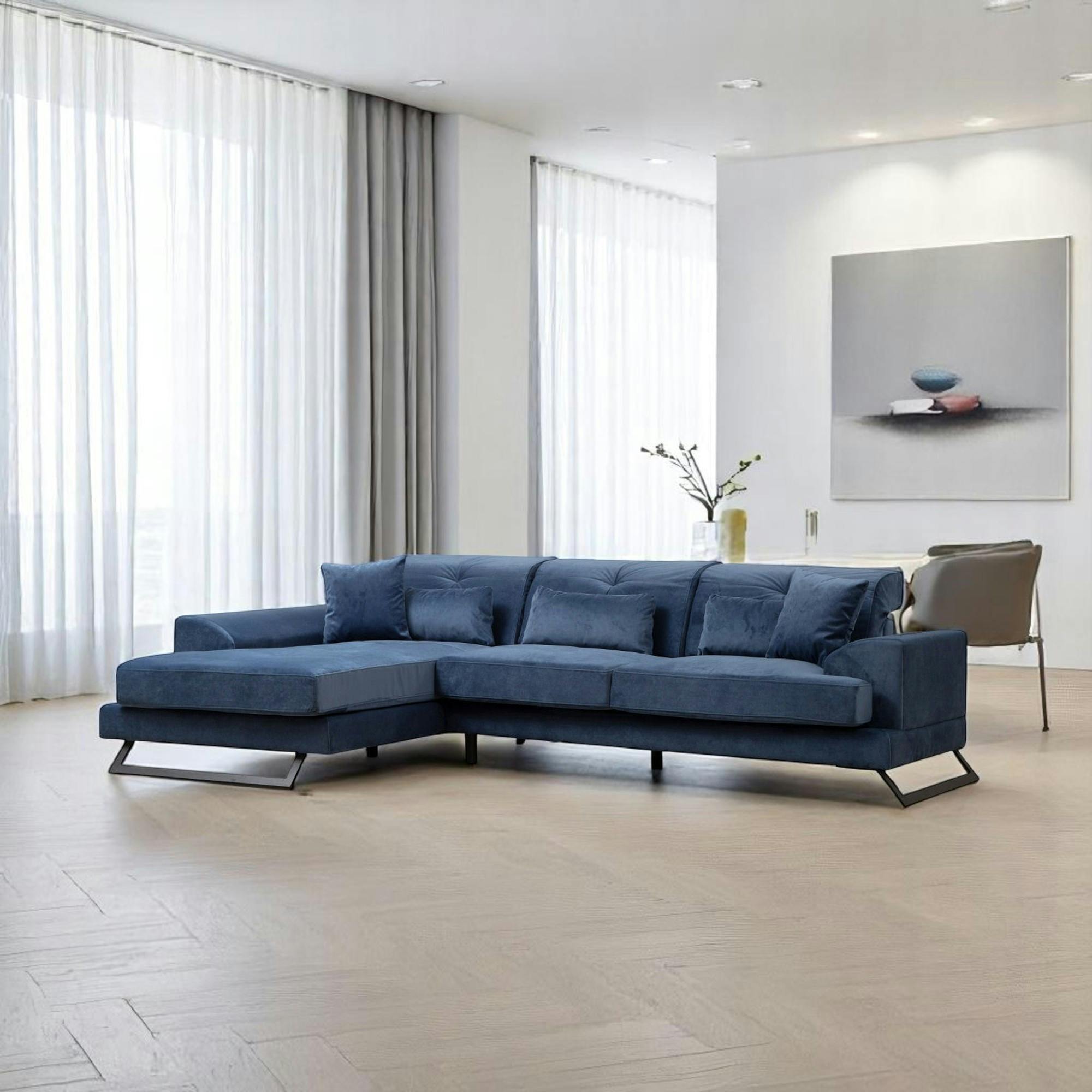 Canapé d'angle bleu nuit - dossier inclinable, côté gauche MILO