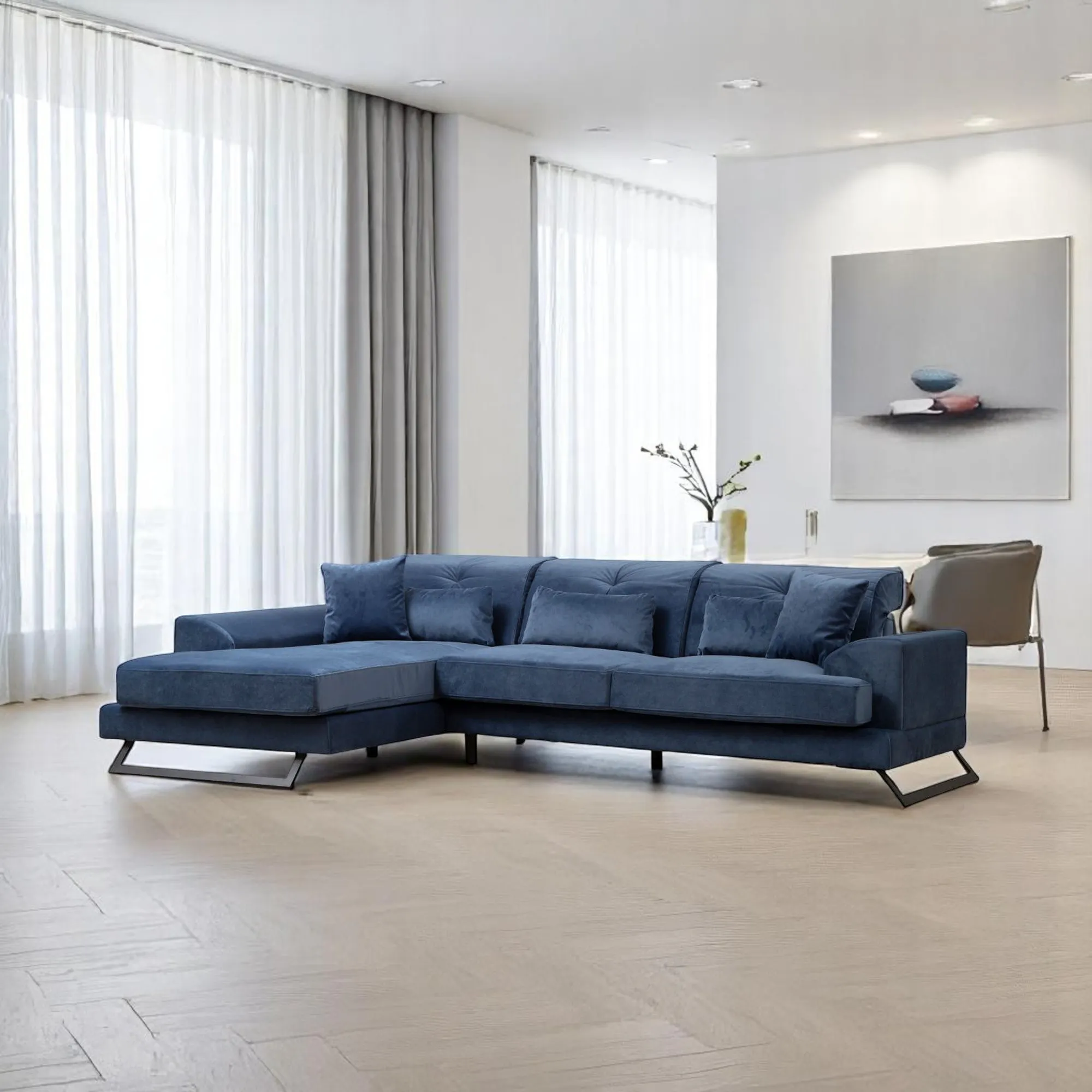Canapé d'angle gauche convertible en velours bleu nuit SAMARA