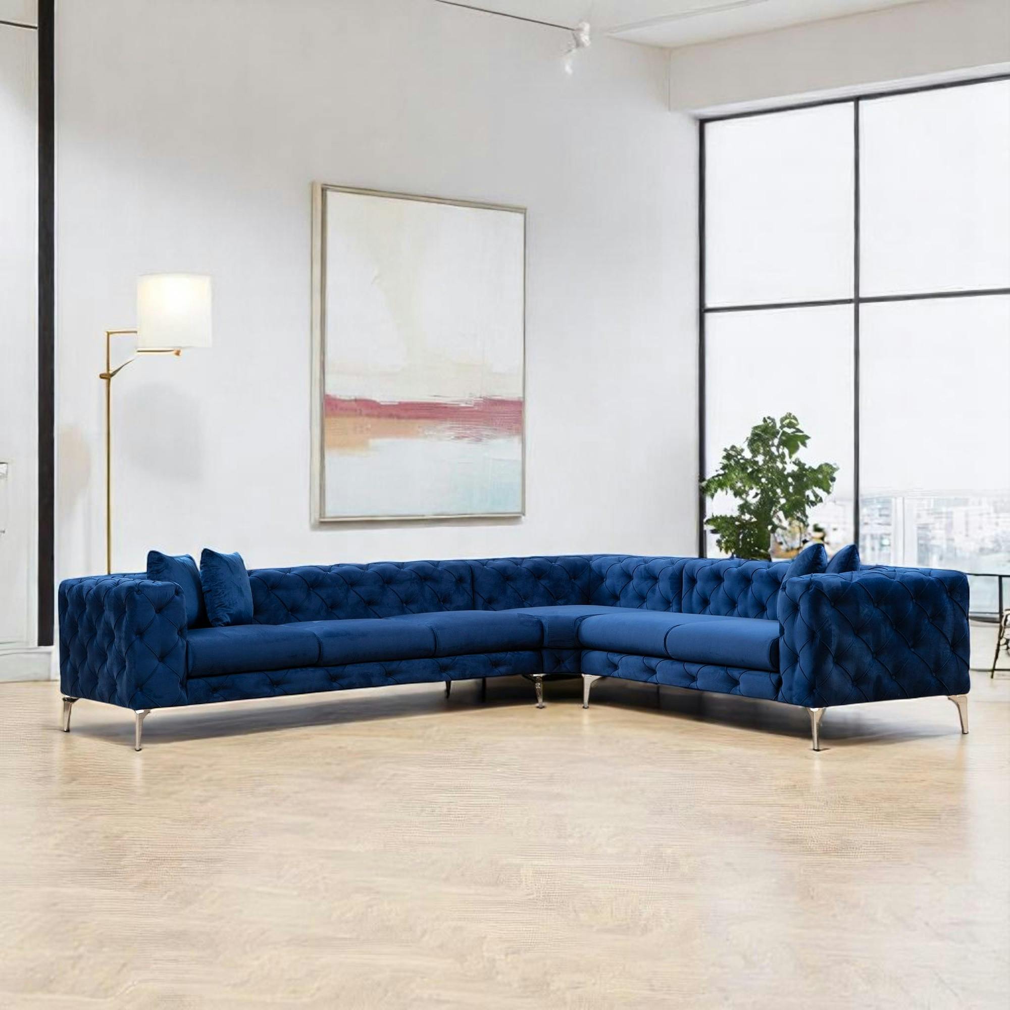 Canapé d'angle bleu nuit en velours capitonné - côté droit DOVER