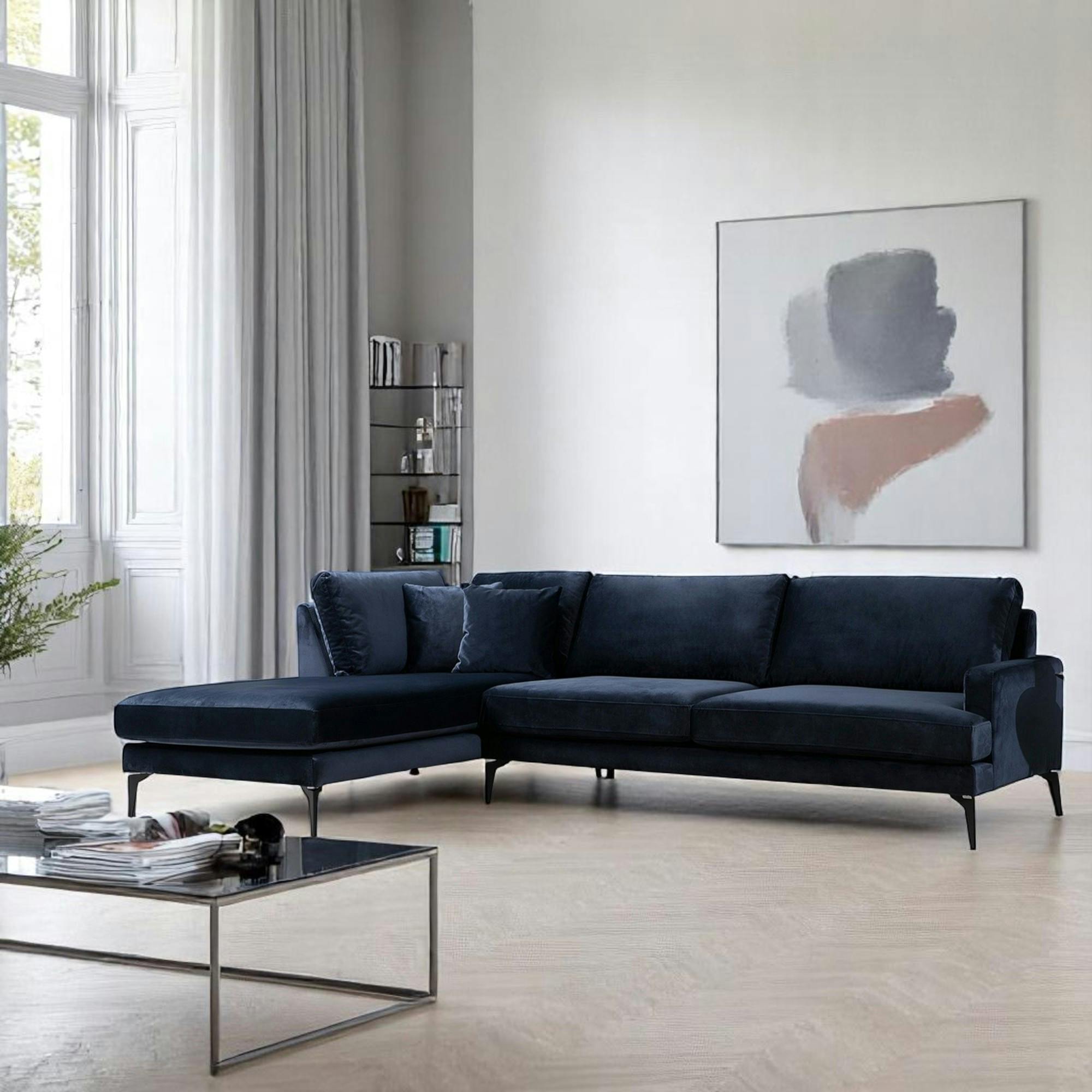 Canapé d'angle bleu nuit en velours - côté gauche SEATTLE