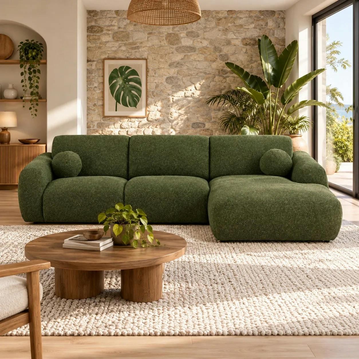 Canapé d’angle droit 5 places en tissu vert olive BERLIN
