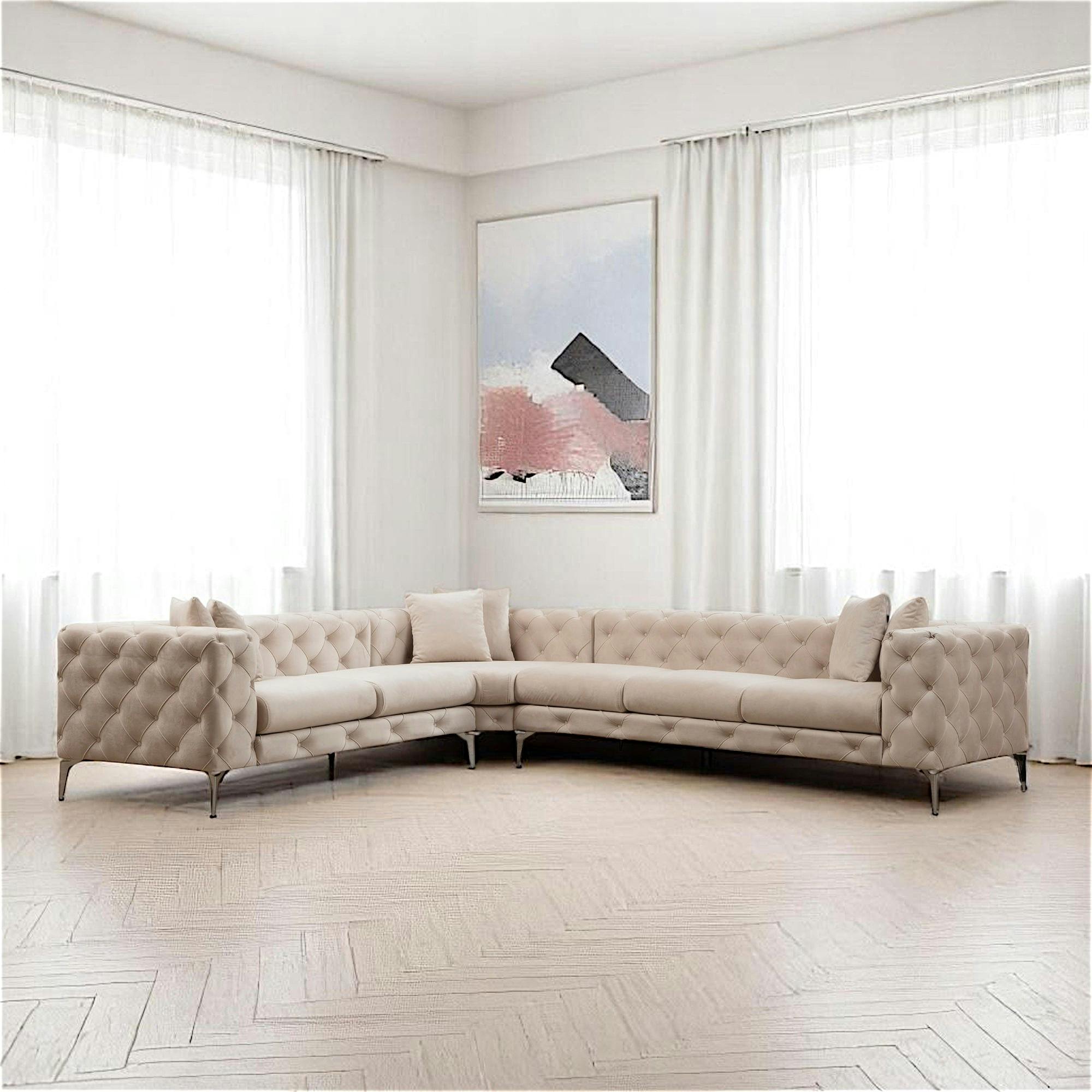 Canapé d'angle écru en velours capitonné - côté gauche DOVER