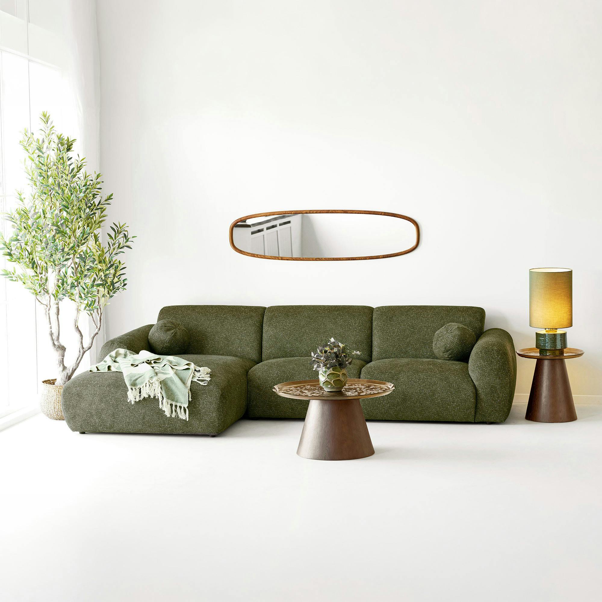 Canapé d’angle gauche 5 places en tissu vert olive BERLIN