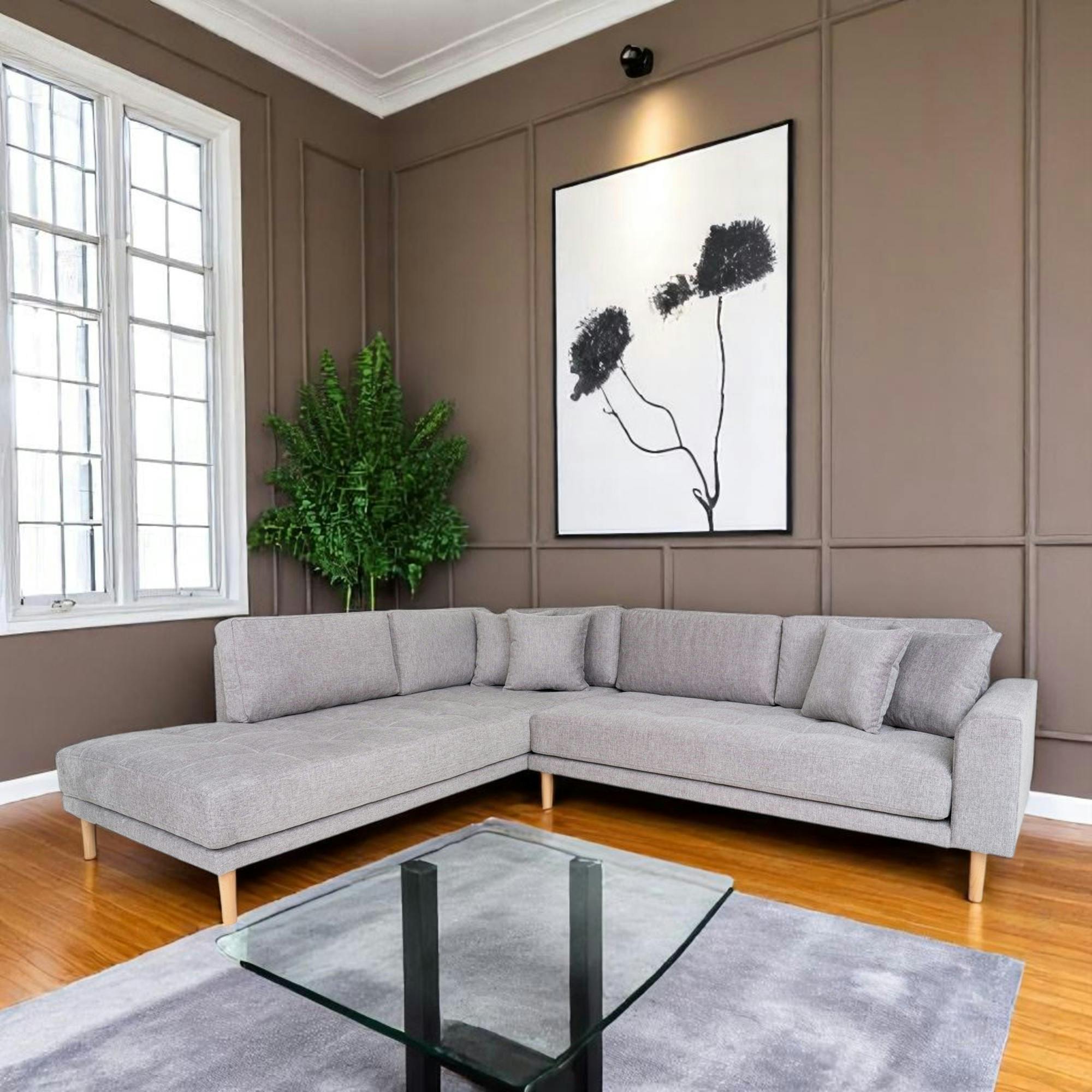 Canapé d'angle gris clair - pieds bois, côté gauche AMSTERDAM