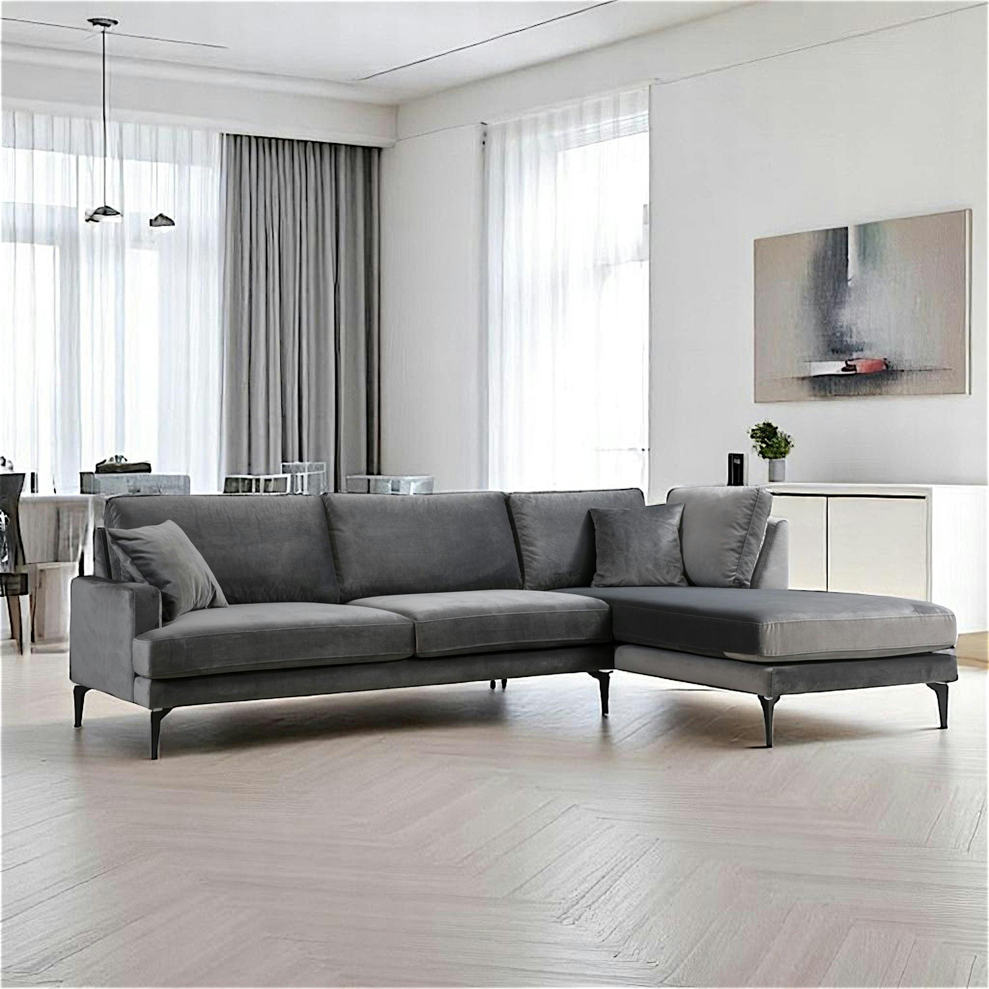 Canapé d'angle gris en velours - côté droit SEATTLE