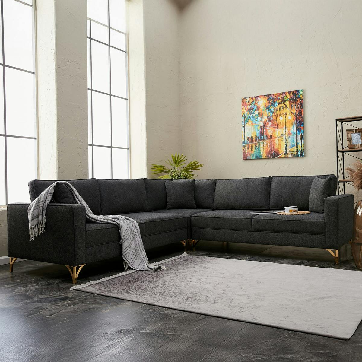 Canapé d'angle gris foncé, pieds métal doré BERLIN