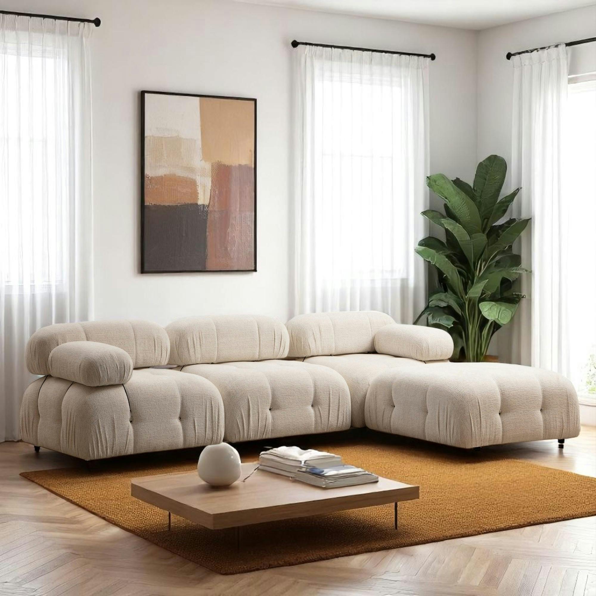 Canapé d'angle modulable beige - tissu bouclette RONDA