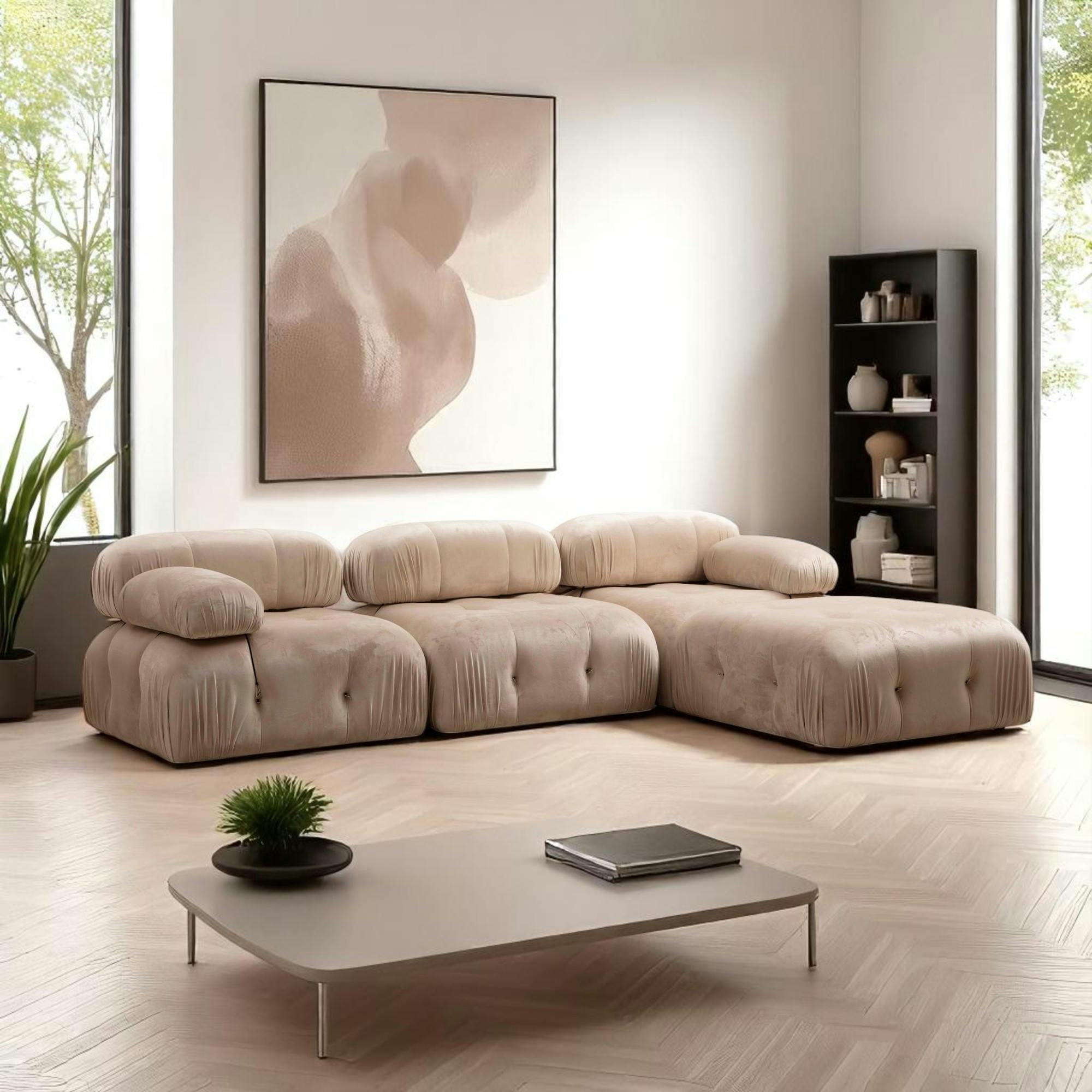 Canapé d'angle modulable beige - tissu velours RONDA