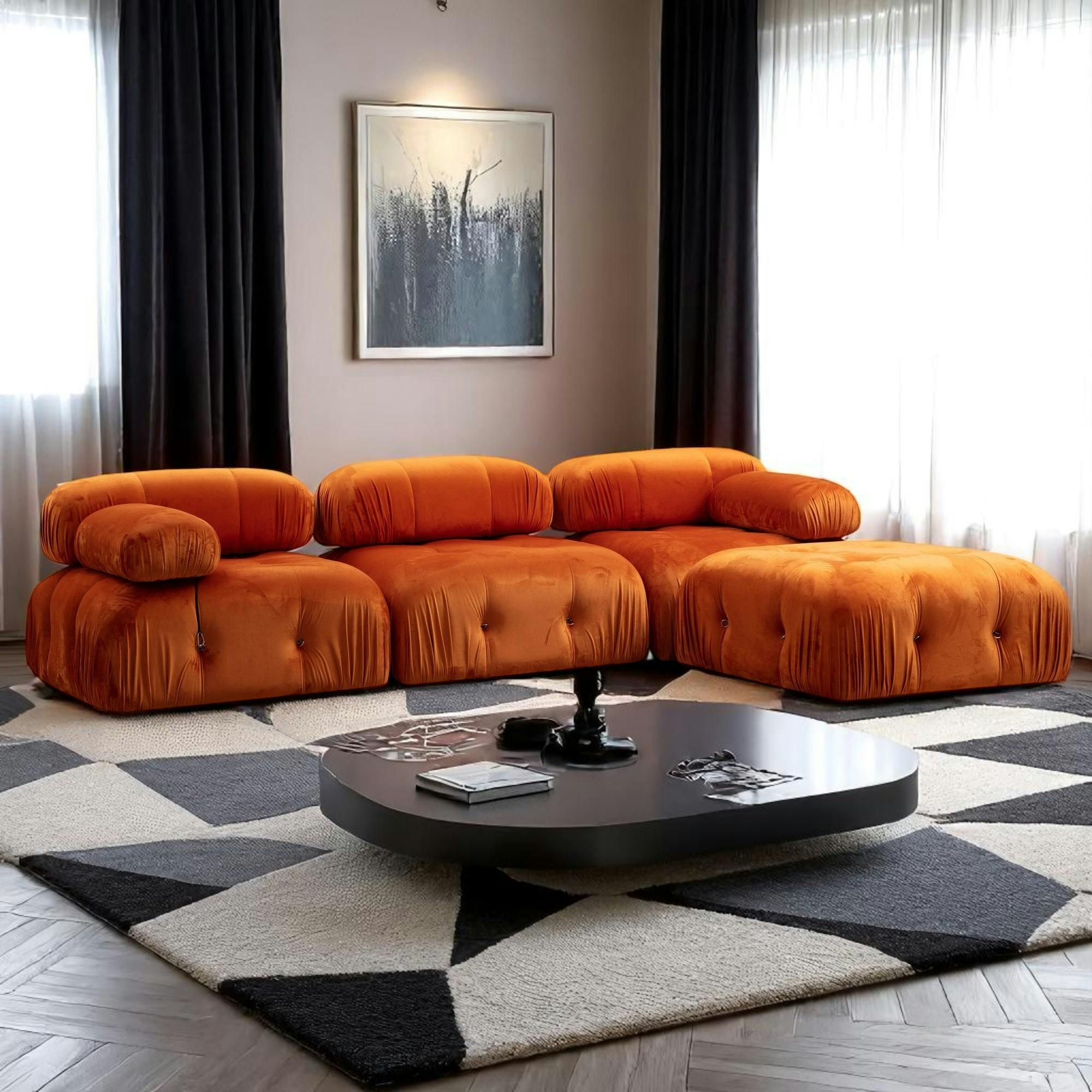 Canapé d'angle modulable orange - tissu velours RONDA