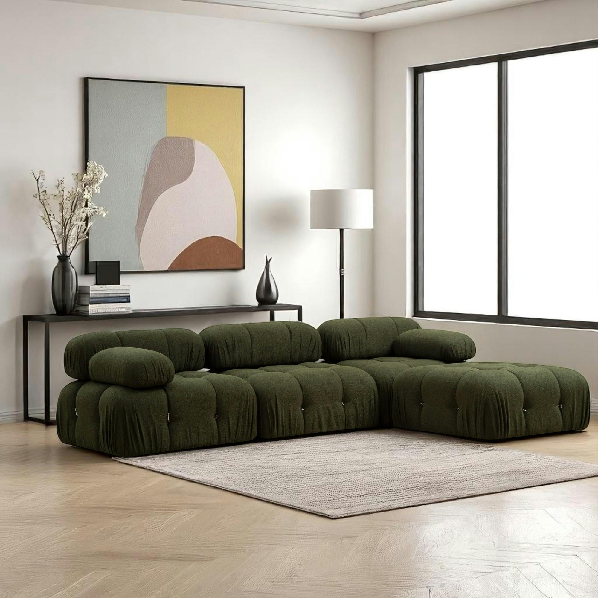 Canapé d'angle modulable vert - tissu bouclette RONDA