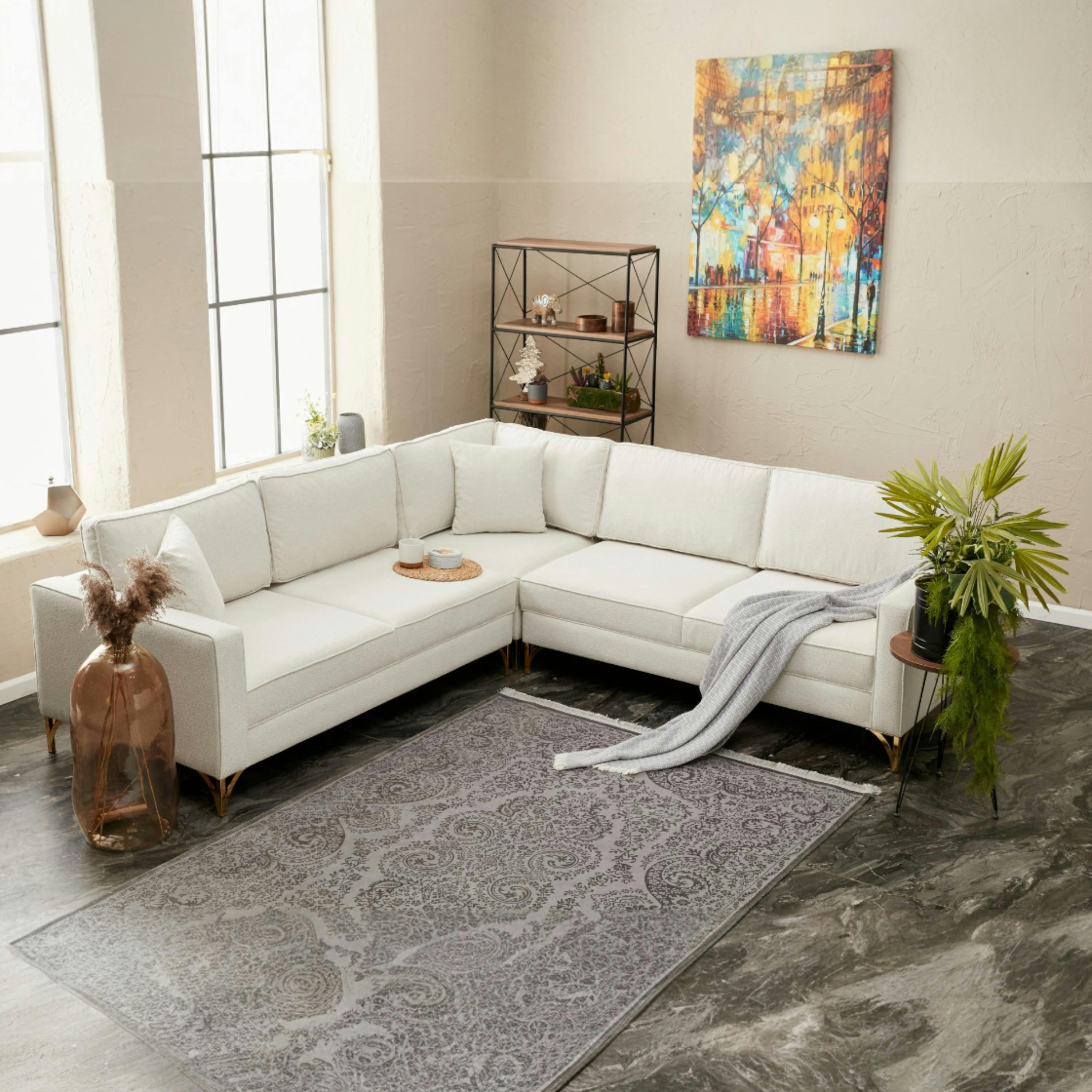 Canapé d'angle réversible blanc crème, pieds dorés NEOLIA