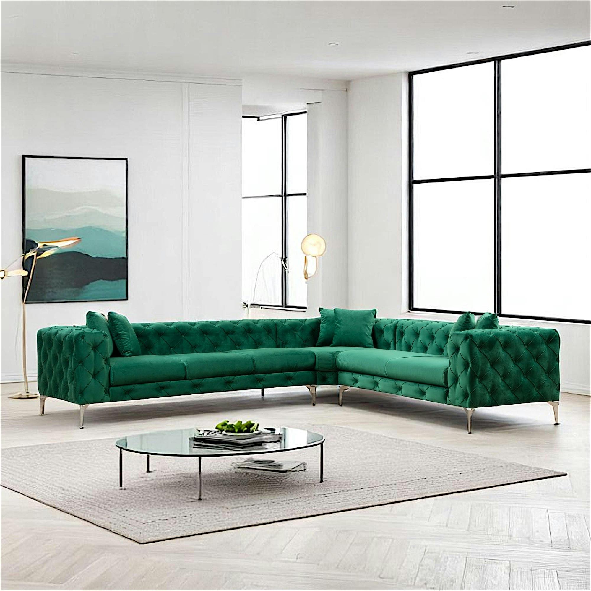 Canapé d'angle vert en velours capitonné - côté droit DOVER