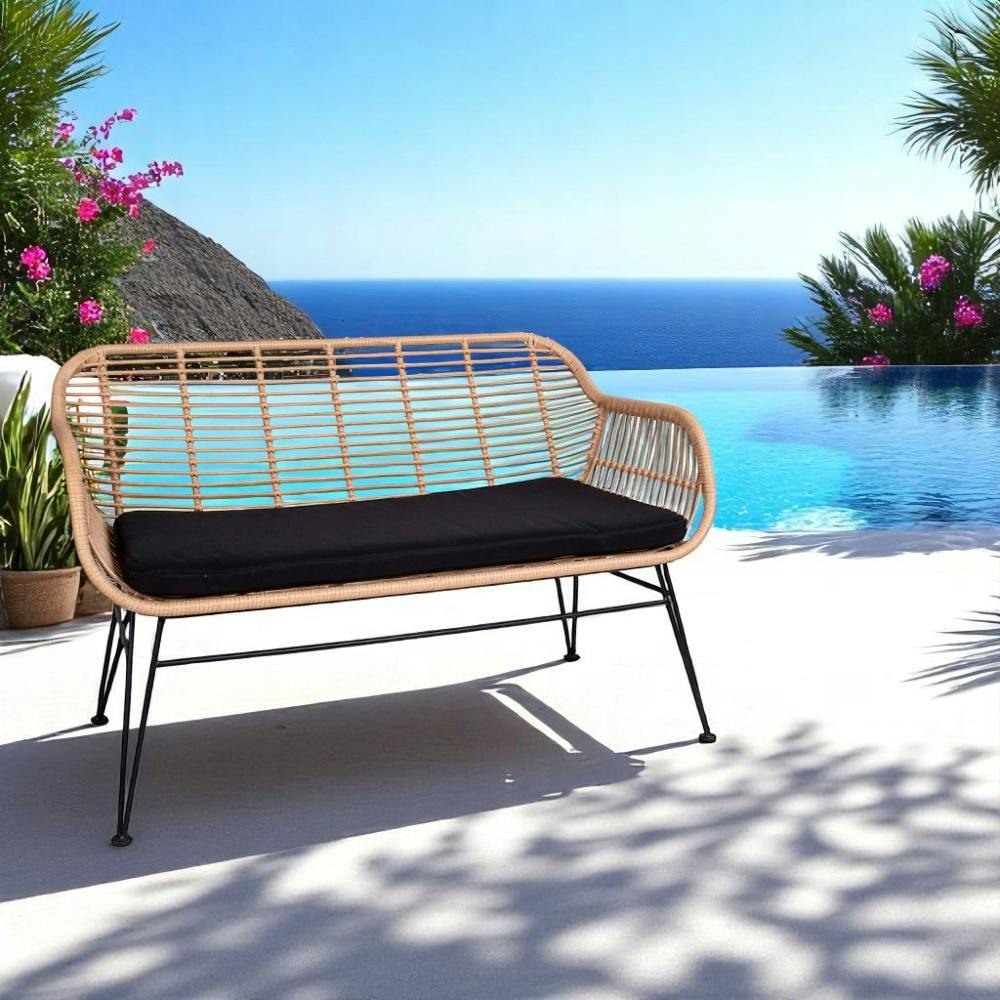 Canapé de jardin en résine tressée avec coussin d'assise noir IBIZA