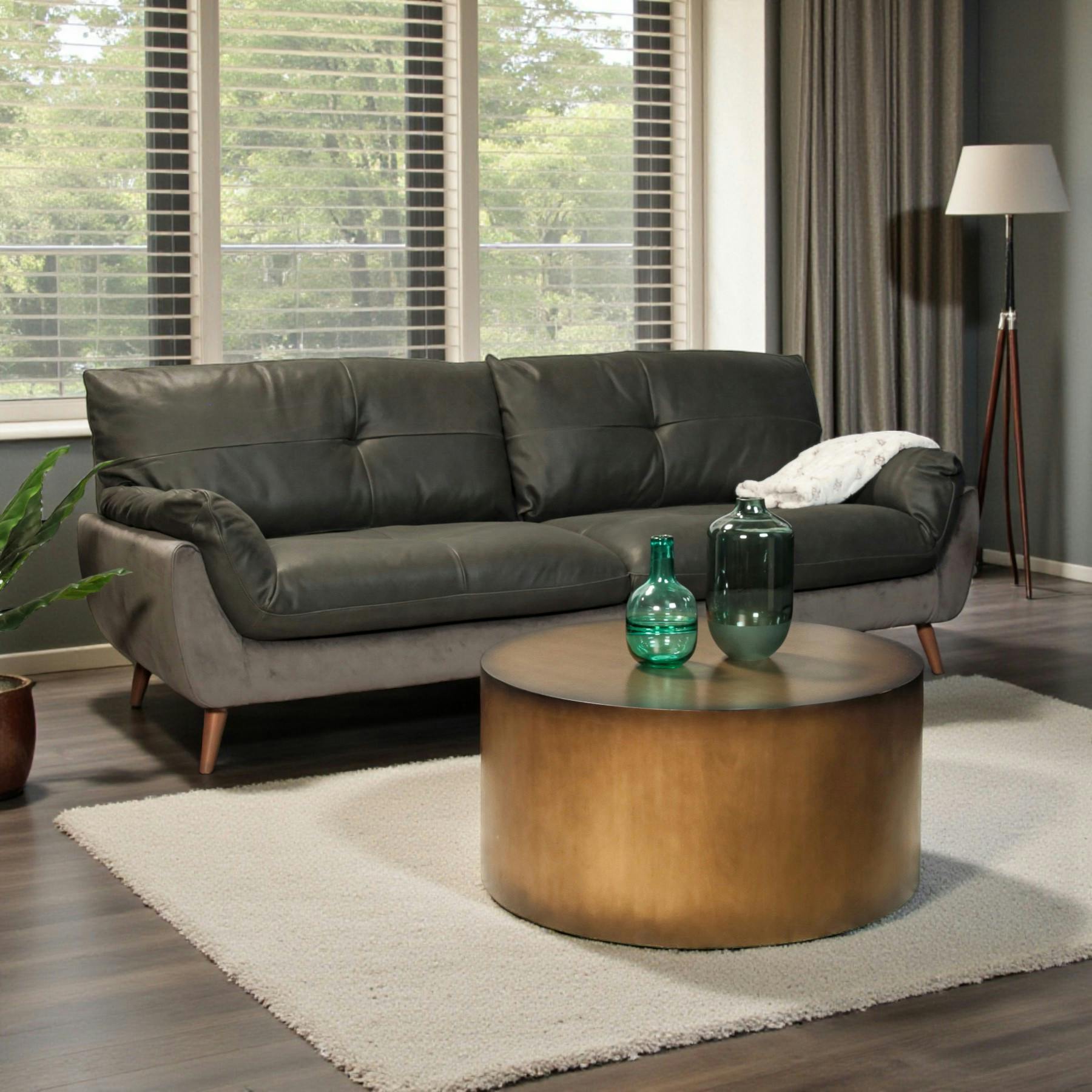 Canapé en cuir et velours gris 3 places NOTTINGHAM