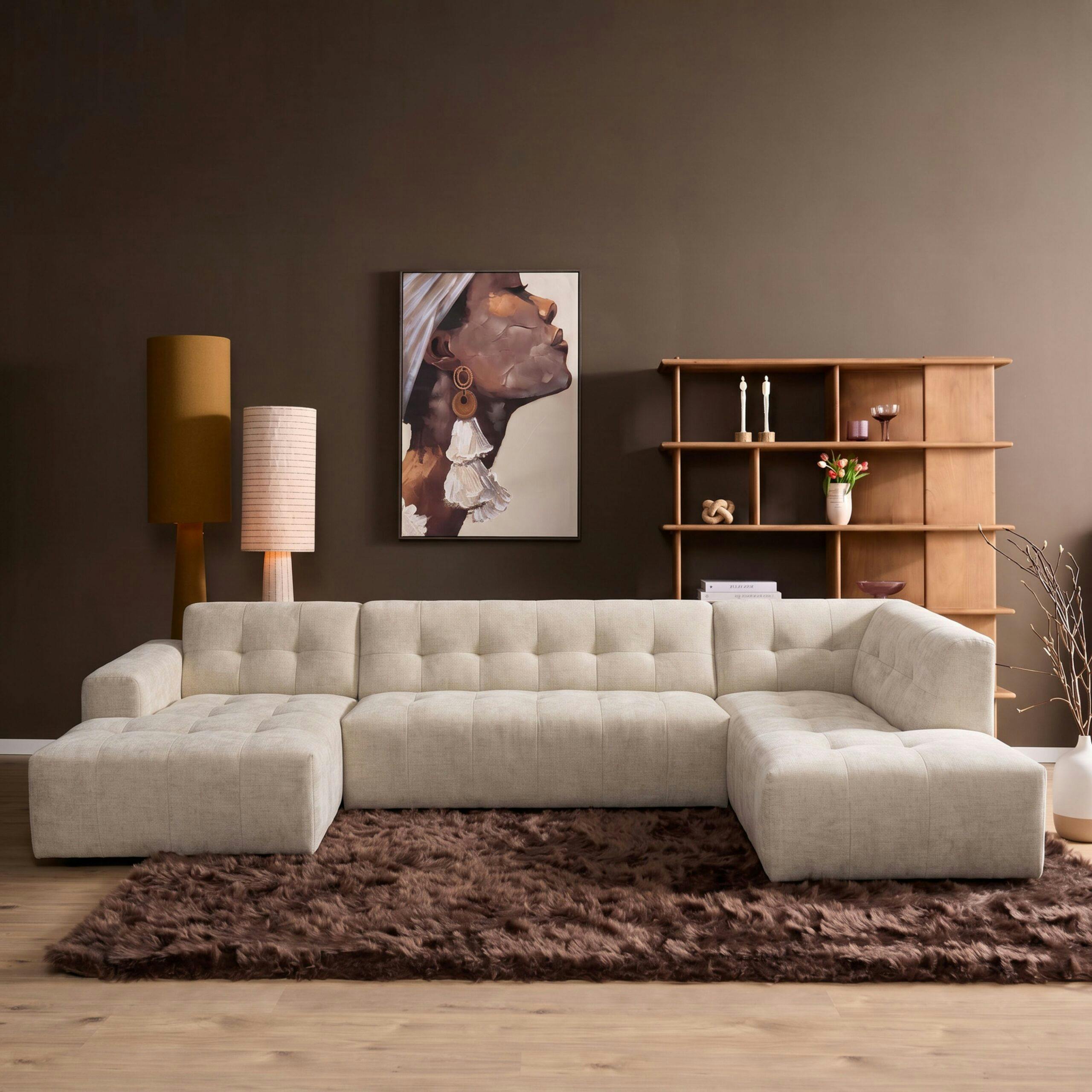 Canapé en U beige effet matelassé avec méridienne droite RIVOLI