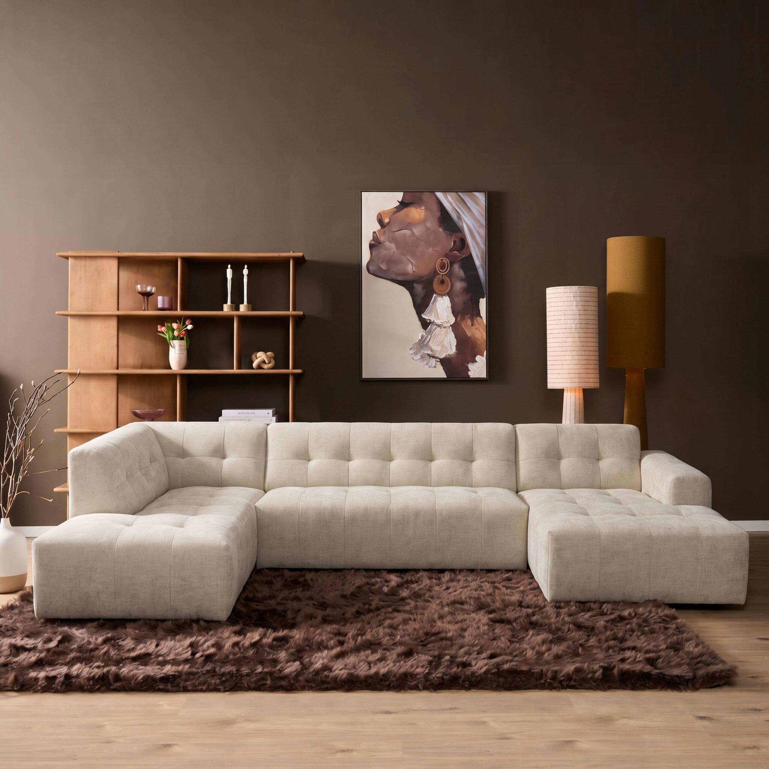 Canapé en U beige effet matelassé avec méridienne gauche RIVOLI