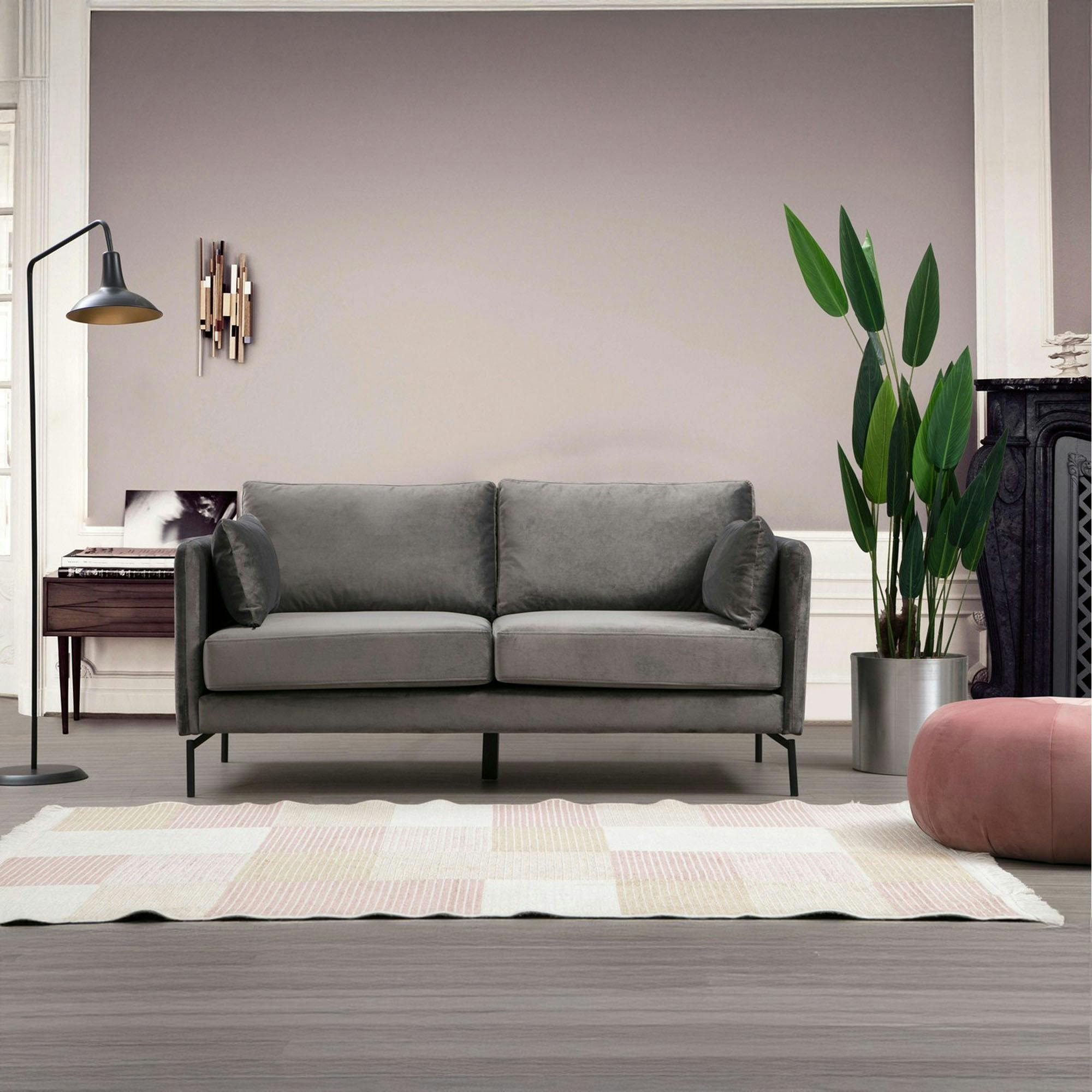 Canapé en velours 2 places gris, accoudoirs fins RANCHI